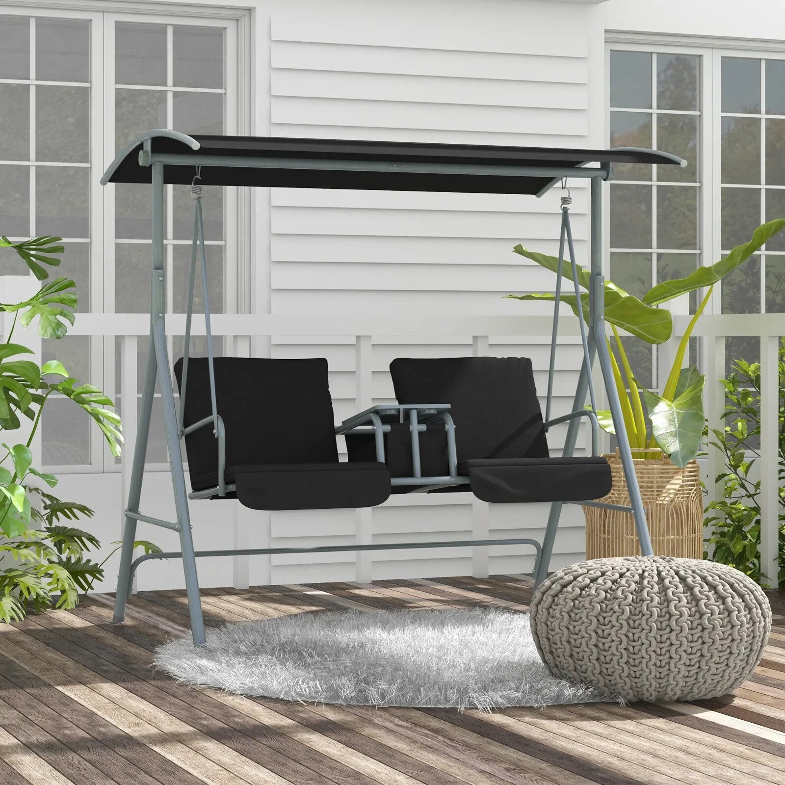 2 Seater Garden Swing Chair with Tilting Canopy Padded Seats Storage Tray & Bag - Home and Garden Furniture Shop - rustic - furniture