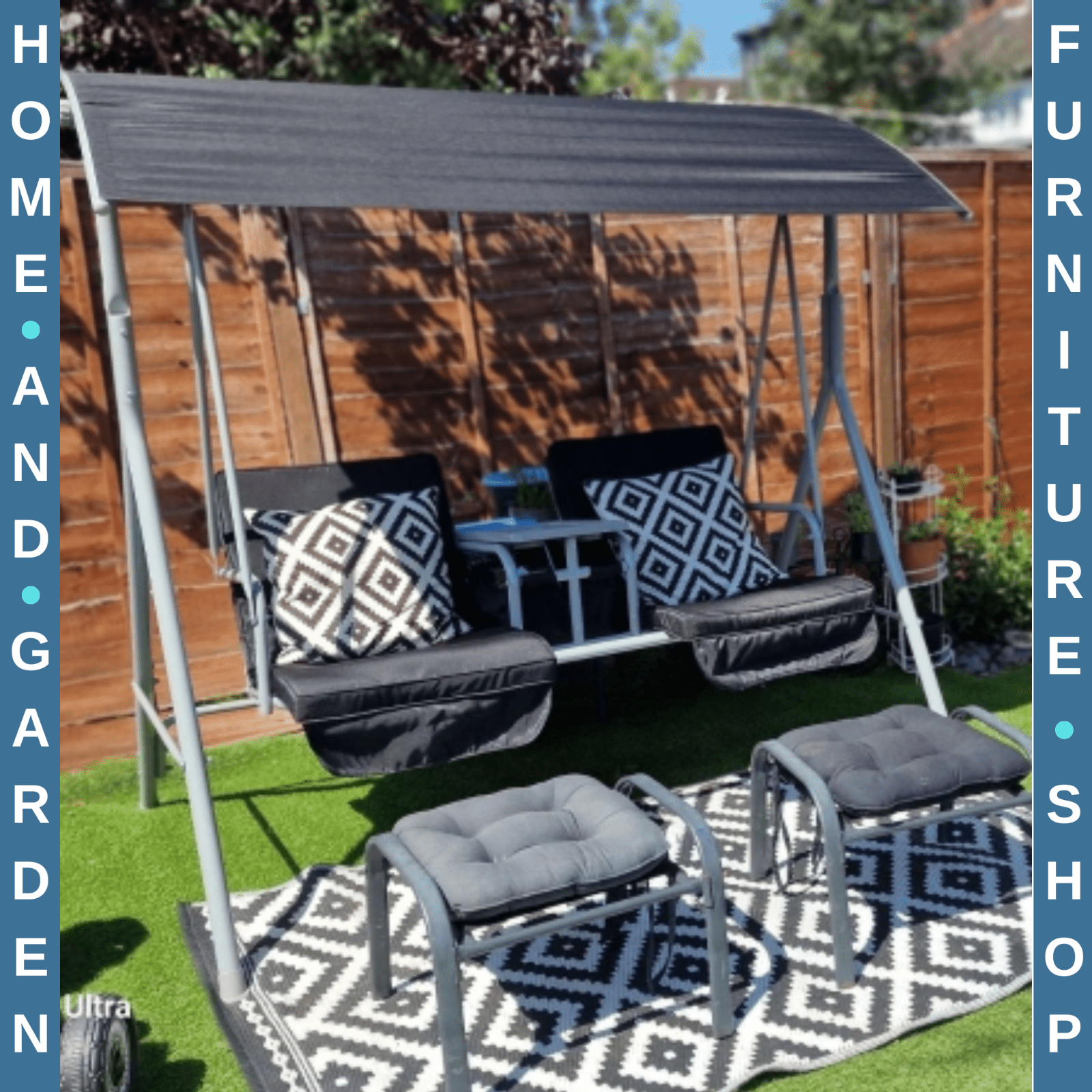 2 Seater Garden Swing Chair with Tilting Canopy Padded Seats Storage Tray & Bag - Home and Garden Furniture Shop - rustic - furniture