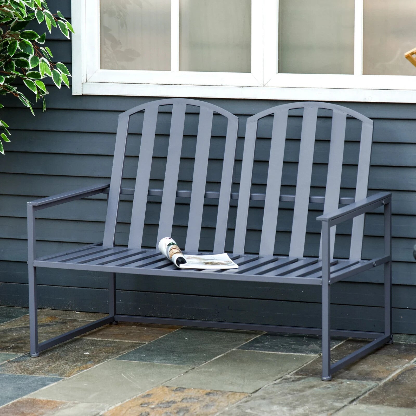 2 Seater Metal Garden Bench Steel Patio Chair Slat Design Backyard Porch Grey - Home and Garden Furniture Shop - rustic - furniture