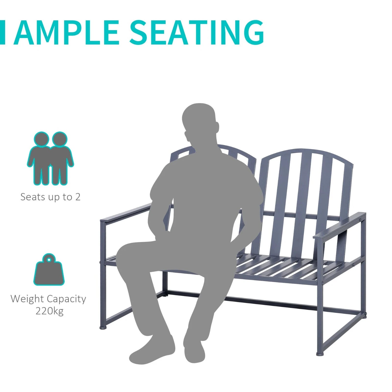 2 Seater Metal Garden Bench Steel Patio Chair Slat Design Backyard Porch Grey - Home and Garden Furniture Shop - rustic - furniture