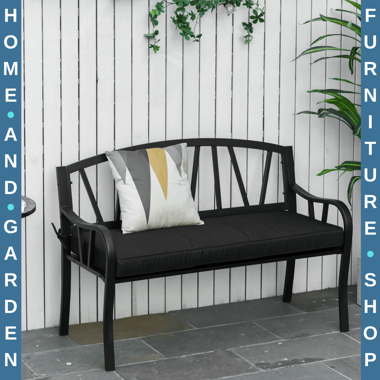 2 Seater Metal Garden Bench with Cushion Slatted Outdoor Park Chair and Armrests - Home and Garden Furniture Shop - rustic - furniture