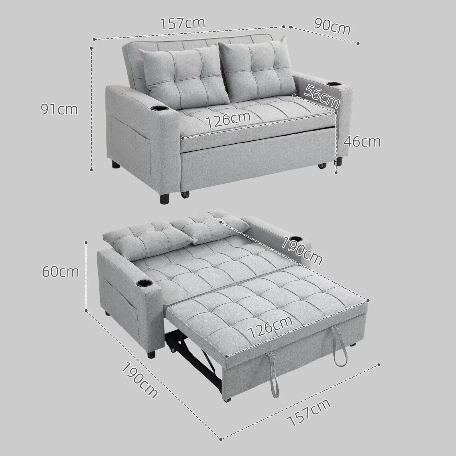 2 Seater Pull Out Sofa Bed with Pockets for Living Room Grey Convertible Settee - Home and Garden Furniture Shop - #rustic - furniture#