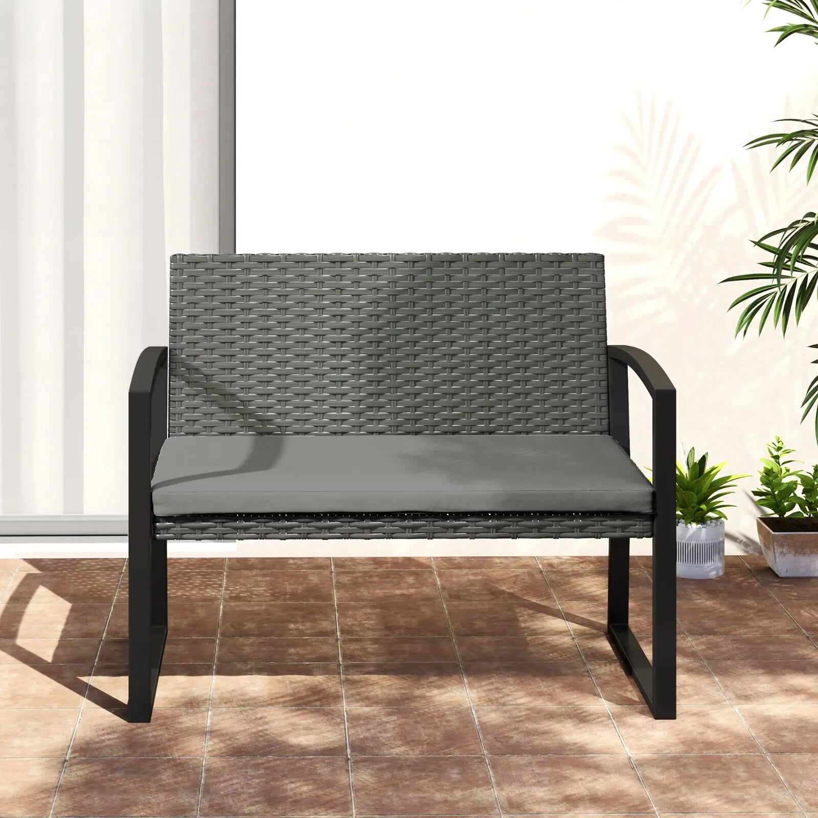 2 Seater Rattan Garden Bench Outdoor Wicker Loveseat with Cushion and Armrests - Home and Garden Furniture Shop - rustic - furniture