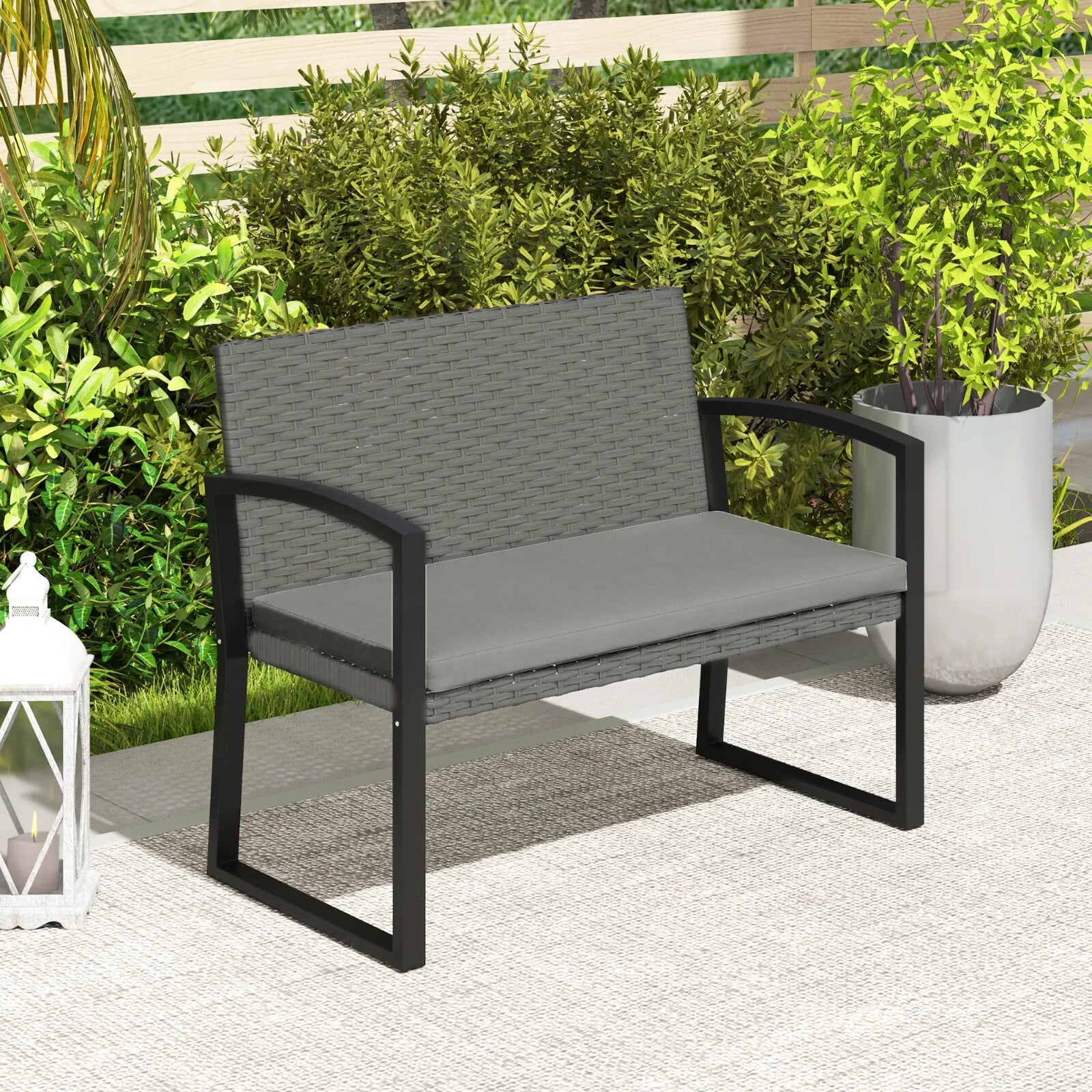 2 Seater Rattan Garden Bench Outdoor Wicker Loveseat with Cushion and Armrests - Home and Garden Furniture Shop - rustic - furniture