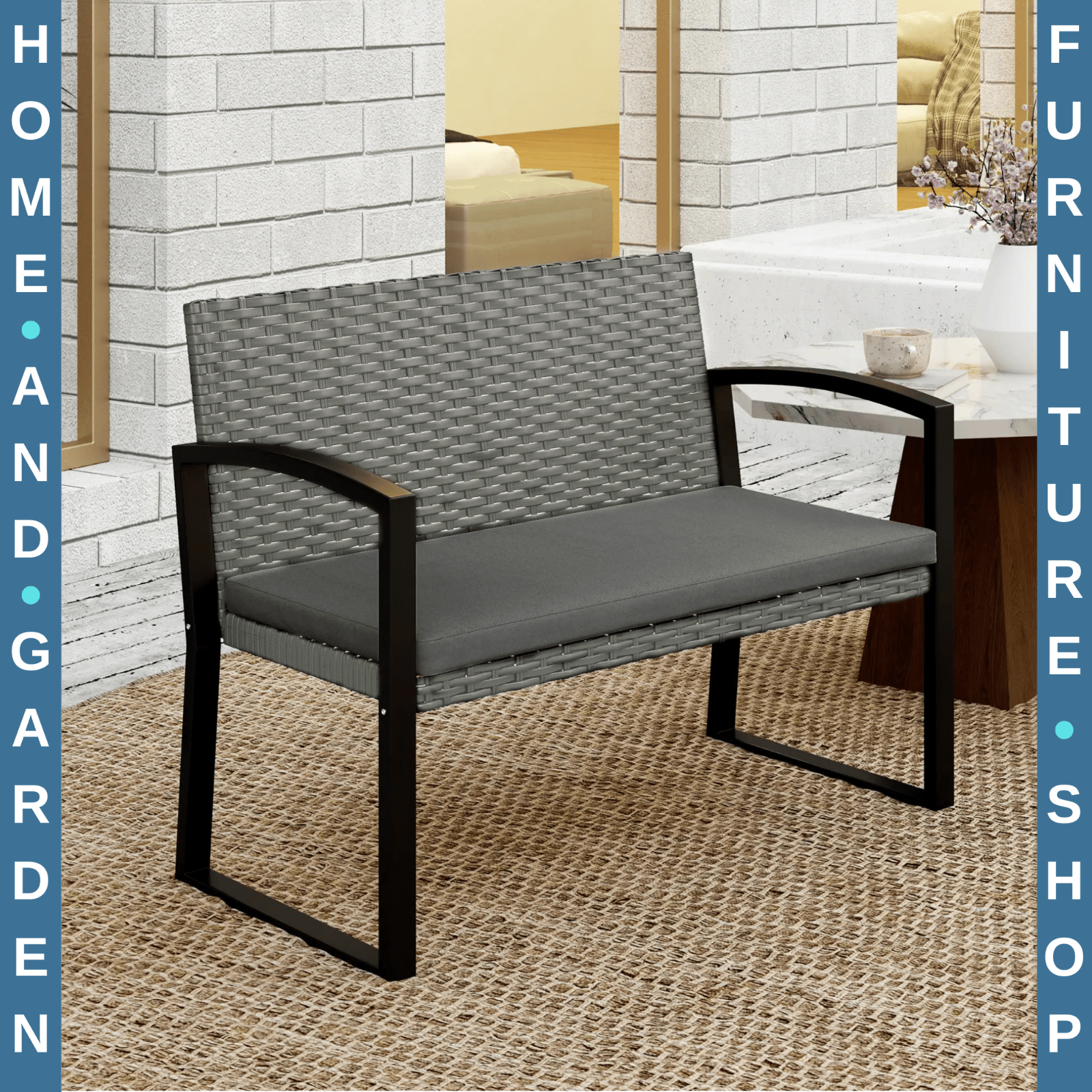 2 Seater Rattan Garden Bench Outdoor Wicker Loveseat with Cushion and Armrests - Home and Garden Furniture Shop - rustic - furniture