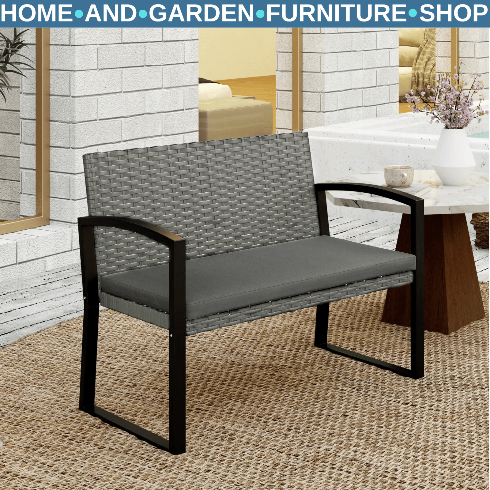 2 Seater Rattan Garden Bench Outdoor Wicker Loveseat with Cushion and Armrests - Home and Garden Furniture Shop - rustic - furniture