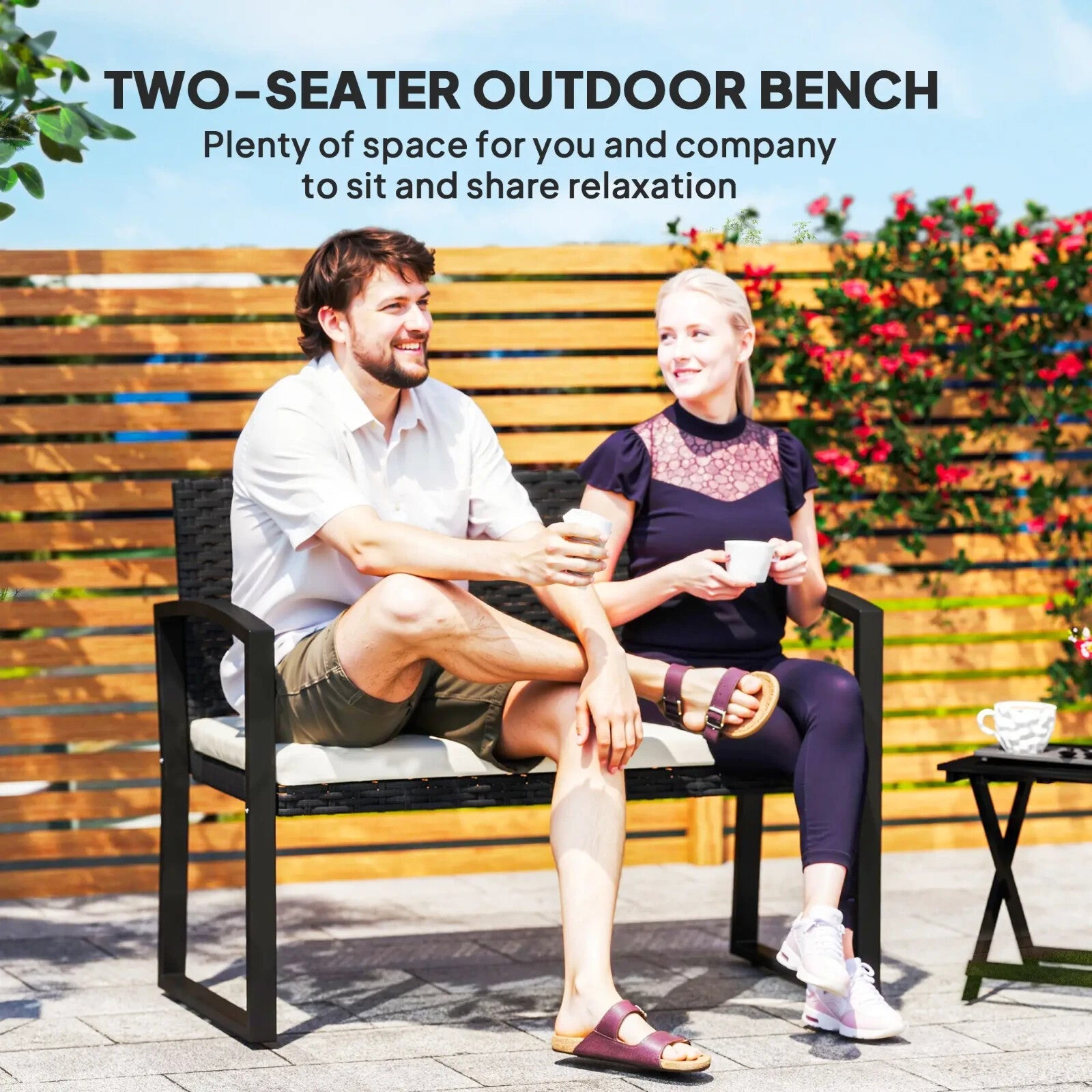 2 Seater Rattan Garden Bench with Cushion Wicker Loveseat Seating with Armrests - Home and Garden Furniture Shop - rustic - furniture