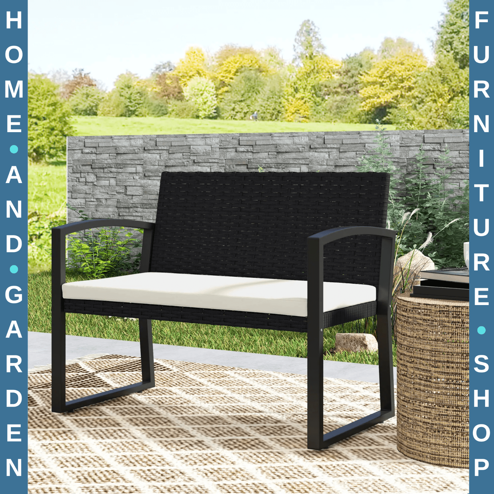 2 Seater Rattan Garden Bench with Cushion Wicker Loveseat Seating with Armrests - Home and Garden Furniture Shop - rustic - furniture