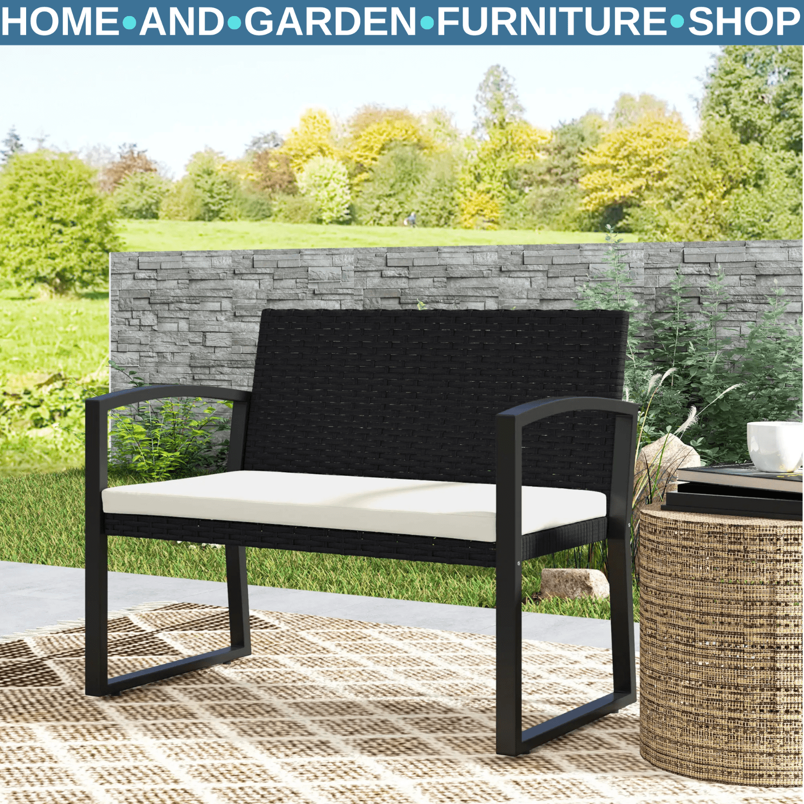 2 Seater Rattan Garden Bench with Cushion Wicker Loveseat Seating with Armrests - Home and Garden Furniture Shop - rustic - furniture