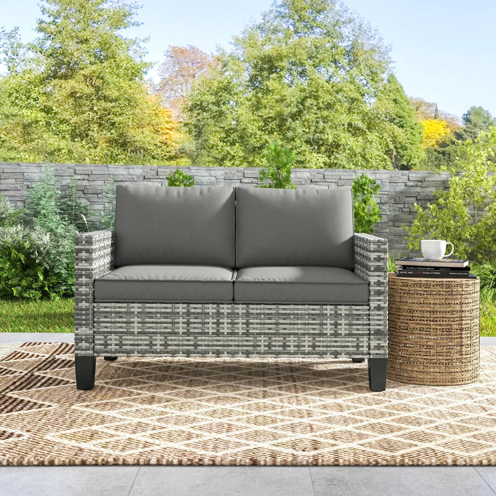 2 Seater Rattan Outdoor Sofa Garden Loveseat with Cushion for Patio Conservatory - Home and Garden Furniture Shop - #rustic - furniture#