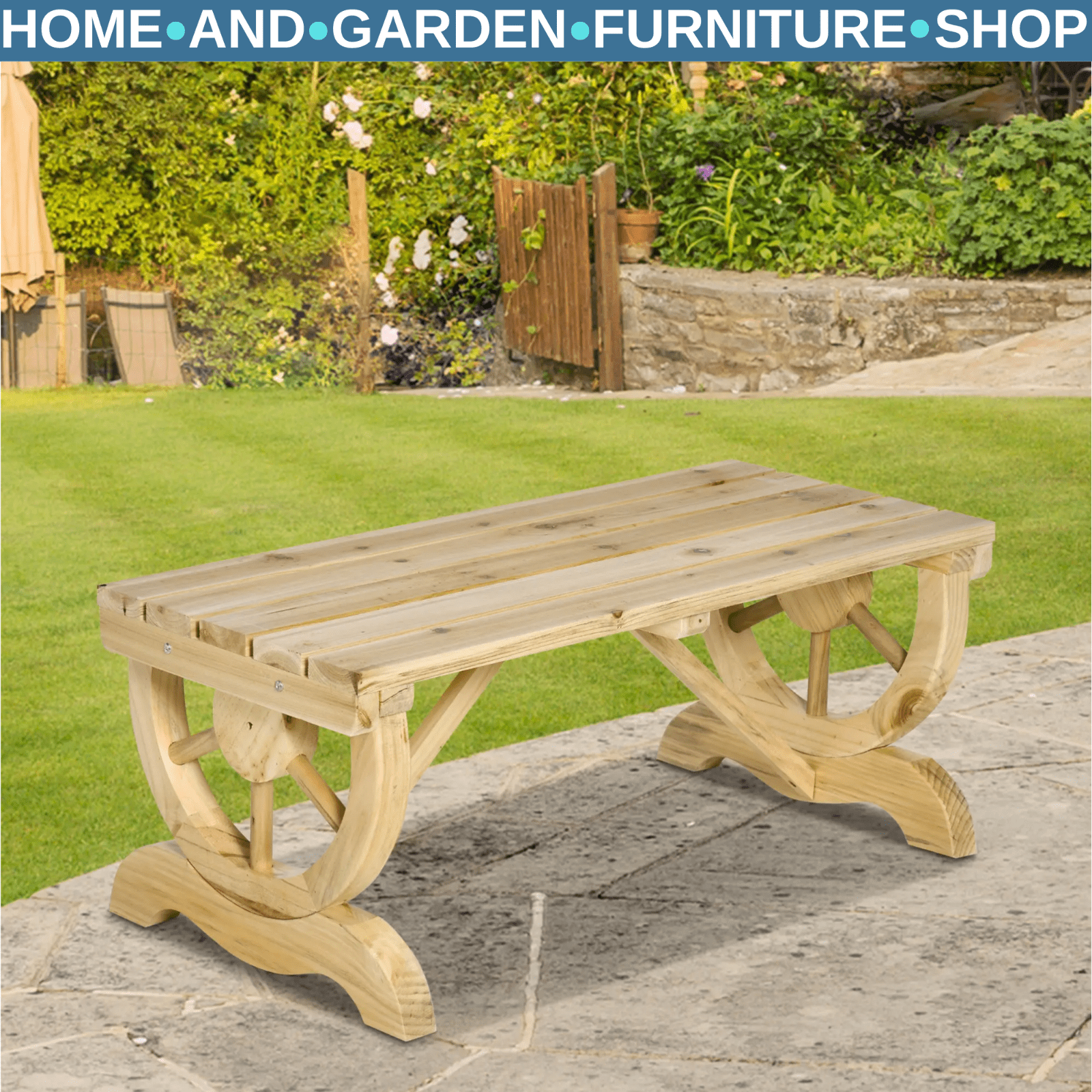 2 Seater Wooden Garden Bench w/ Slatted Seat & Wheel Legs Rustic Patio Furniture - Home and Garden Furniture Shop - rustic - furniture