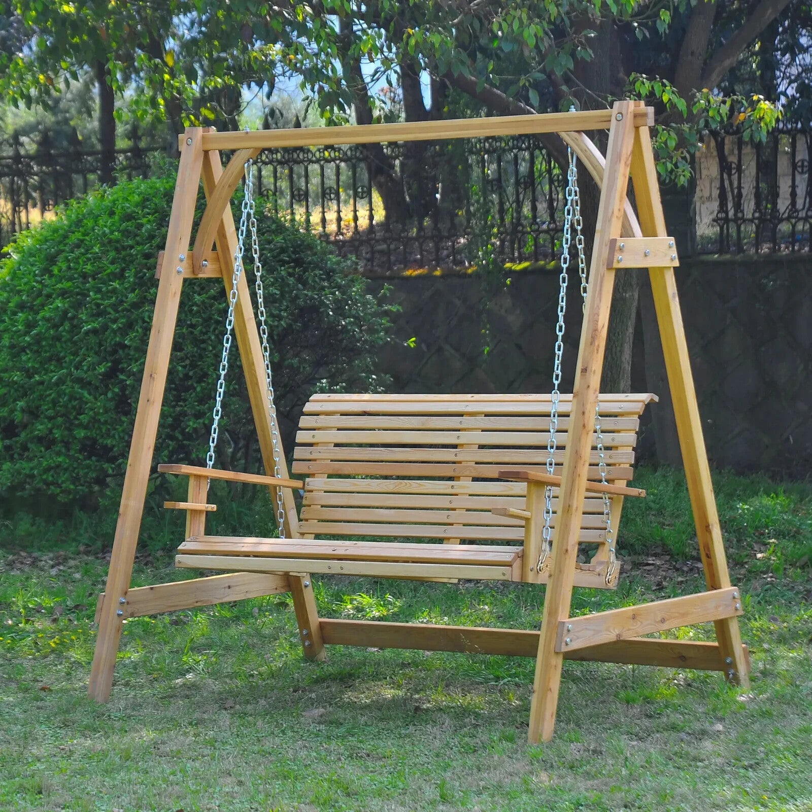 2 Seater Wooden Swing Chair Garden Patio Bench Hammock Seat Outdoor Larch Wood - Home and Garden Furniture Shop - rustic - furniture