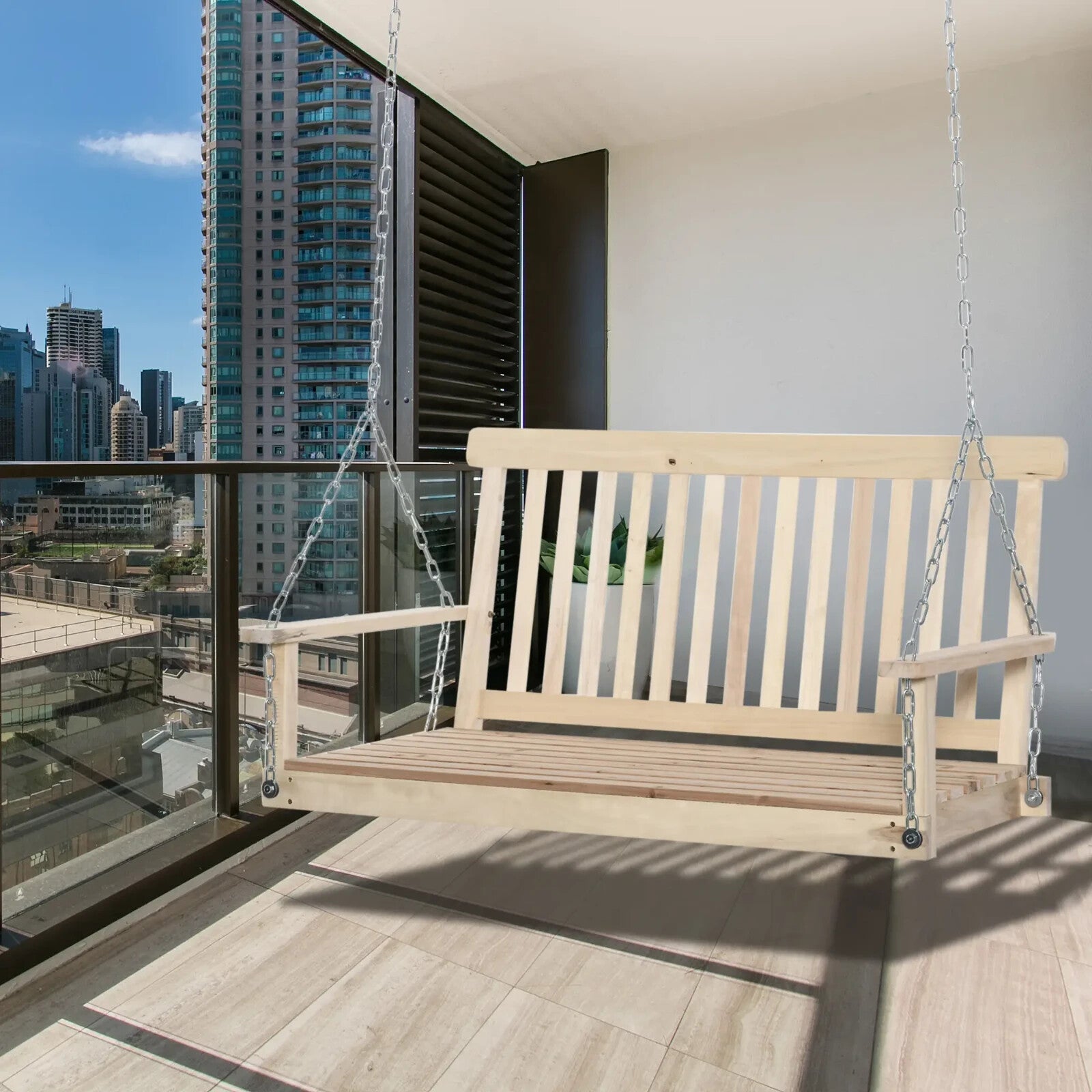 2 Seater Wooden Swing Chair Porch Hanging Garden Swinging Bench and Chains Brown - Home and Garden Furniture Shop - rustic - furniture