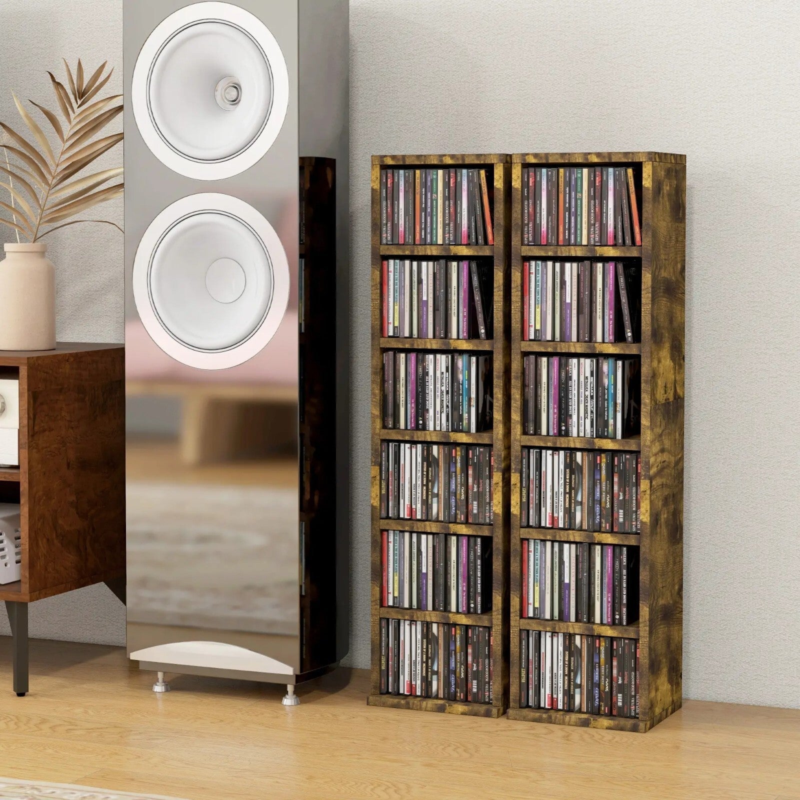 2 Slim Industrial CD Storage Shelving Unit Tall Adjustable Shelves Rustic Brown - Home and Garden Furniture Shop - rustic - furniture