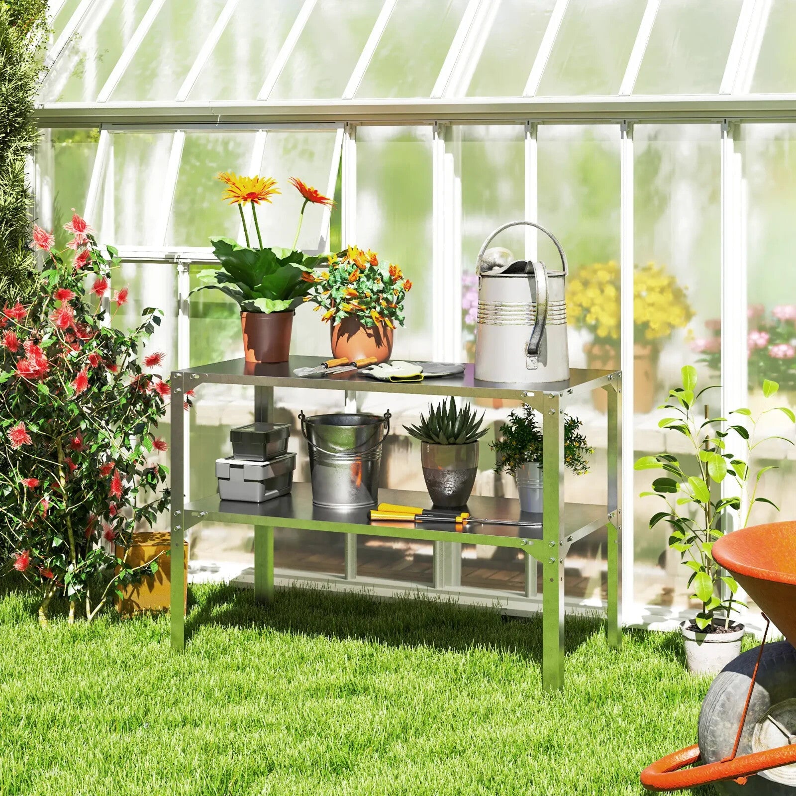 2 Tier Galvanised Steel Potting Bench Garden Work Table W/ Storage Shelf Station - Home and Garden Furniture Shop - rustic - furniture