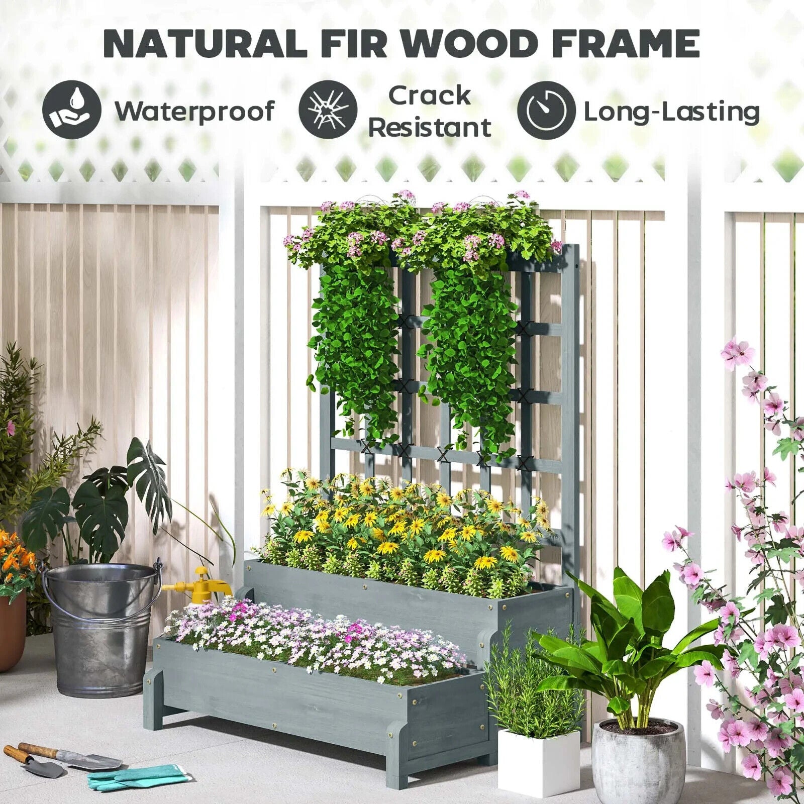 2 Tier Raised Garden Bed, Trellis Wooden Planter Box Outdoor Raised w/ Drainage - Home and Garden Furniture Shop - #rustic - furniture#