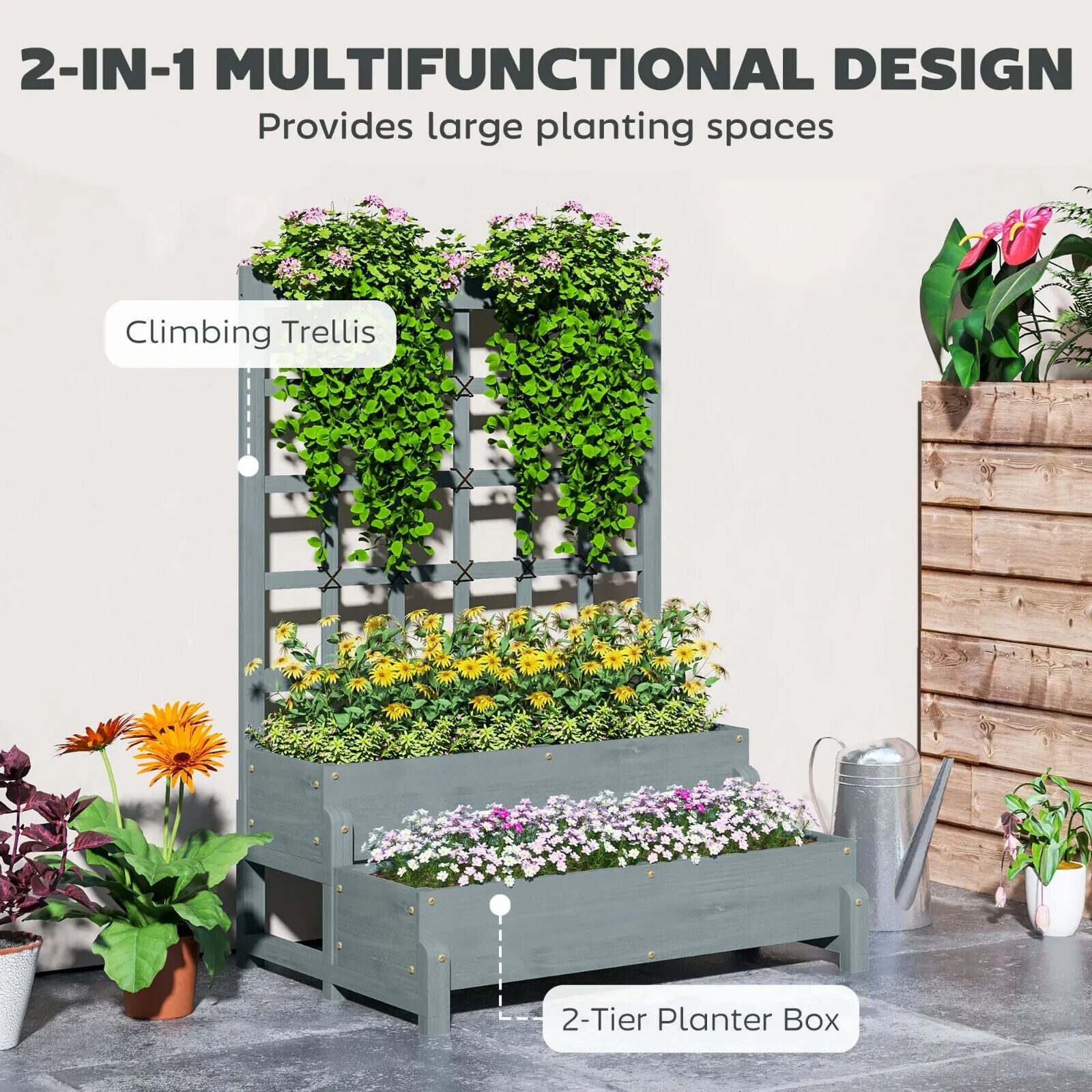 2 Tier Raised Garden Bed, Trellis Wooden Planter Box Outdoor Raised w/ Drainage - Home and Garden Furniture Shop - #rustic - furniture#