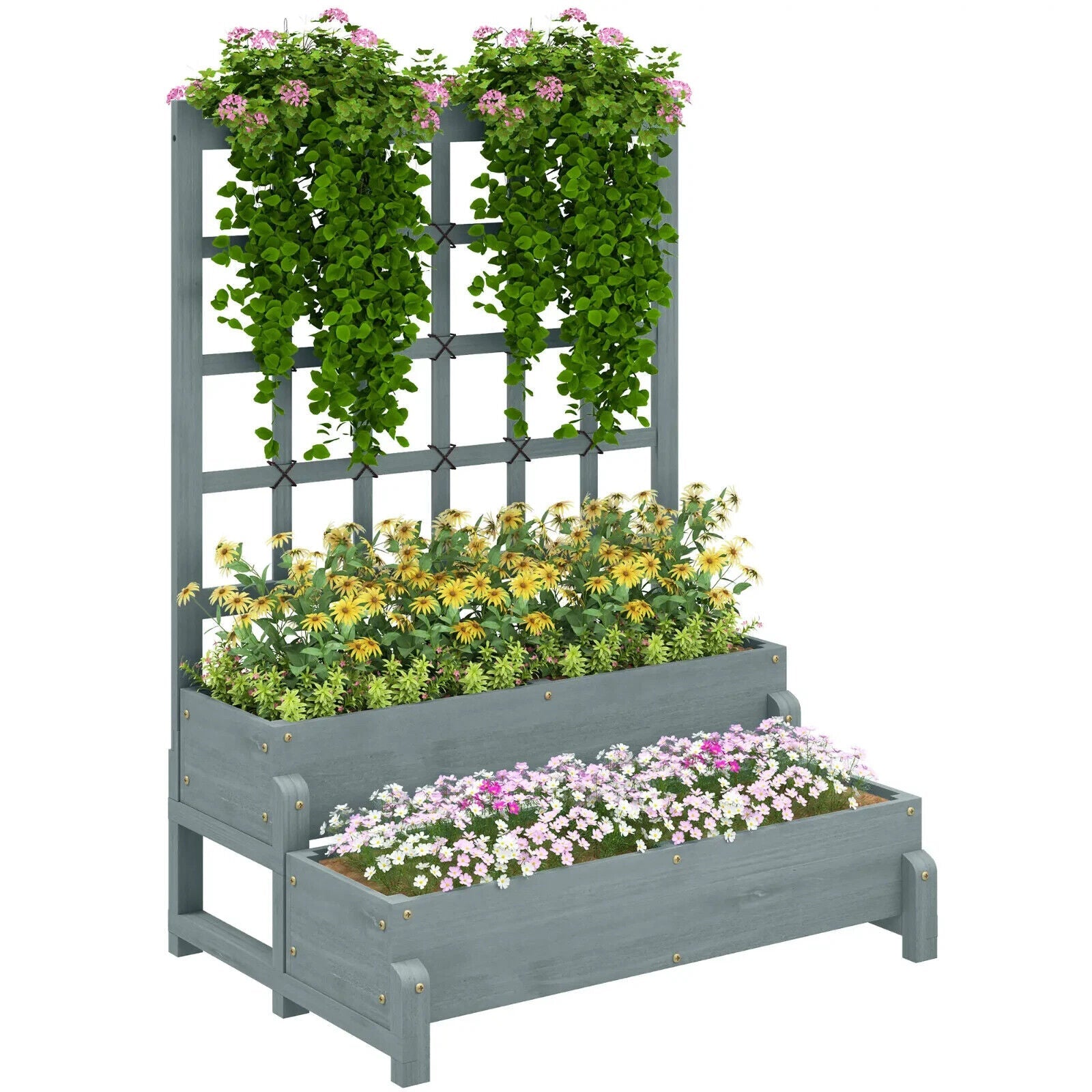2 Tier Raised Garden Bed, Trellis Wooden Planter Box Outdoor Raised w/ Drainage - Home and Garden Furniture Shop - #rustic - furniture#