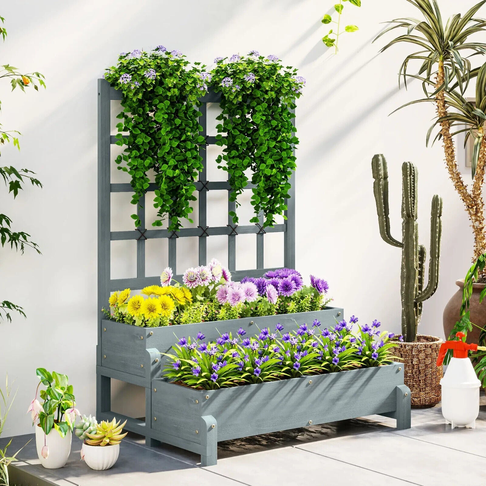 2 Tier Raised Garden Bed, Trellis Wooden Planter Box Outdoor Raised w/ Drainage - Home and Garden Furniture Shop - #rustic - furniture#