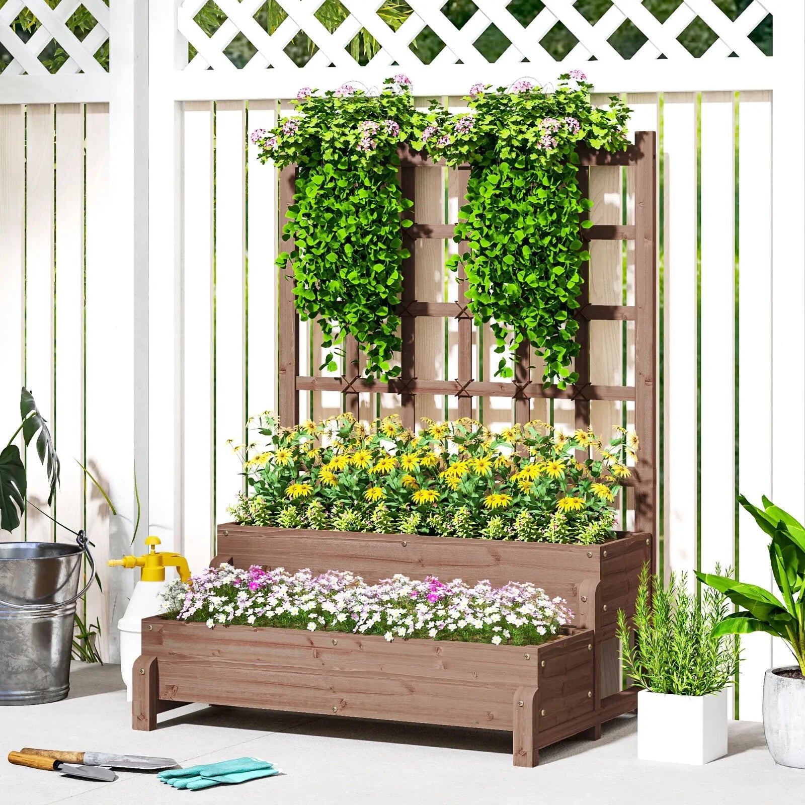 2 Tier Raised Wooden Garden Planter Box with Trellis & Drainage Hole Outdoor Bed - Home and Garden Furniture Shop - rustic - furniture