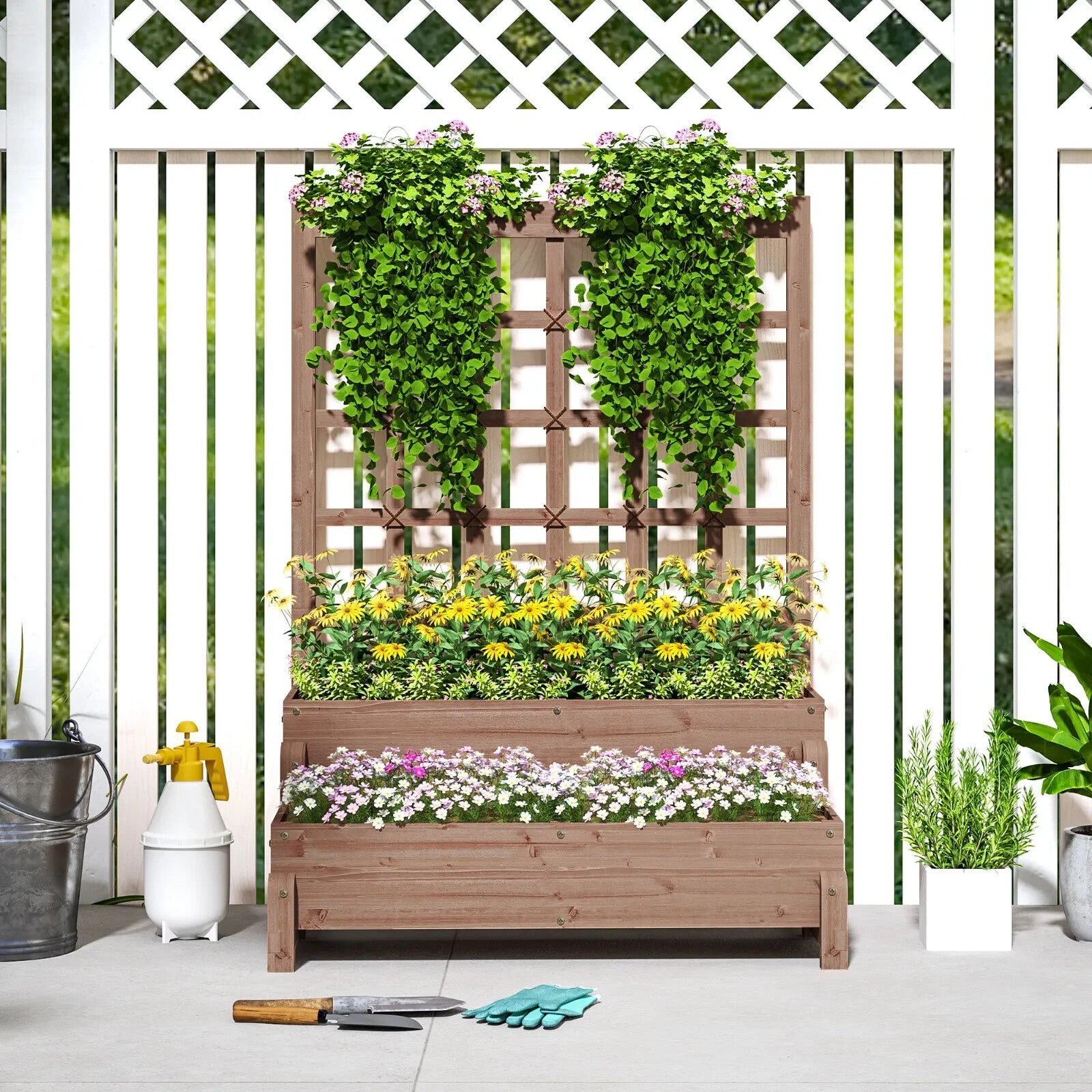 2 Tier Raised Wooden Garden Planter Box with Trellis & Drainage Hole Outdoor Bed - Home and Garden Furniture Shop - rustic - furniture