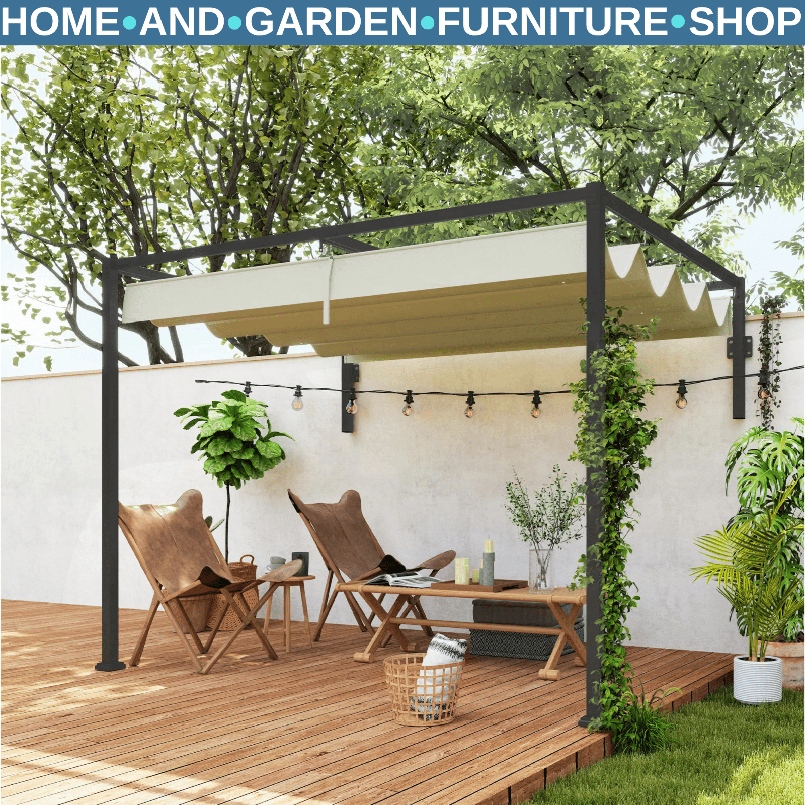 2 x 3 m Lean To Metal Pergola with Retractable Roof for Garden Patio or BBQ Area - Home and Garden Furniture Shop - rustic - furniture