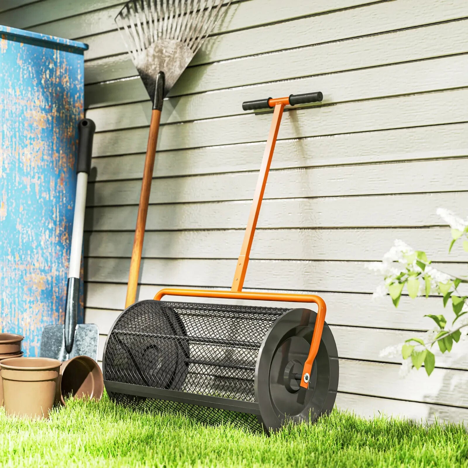 24" Compost Peat Moss Spreader with Adjustable Handle & Metal Mesh Basket Garden - Home and Garden Furniture Shop - rustic - furniture