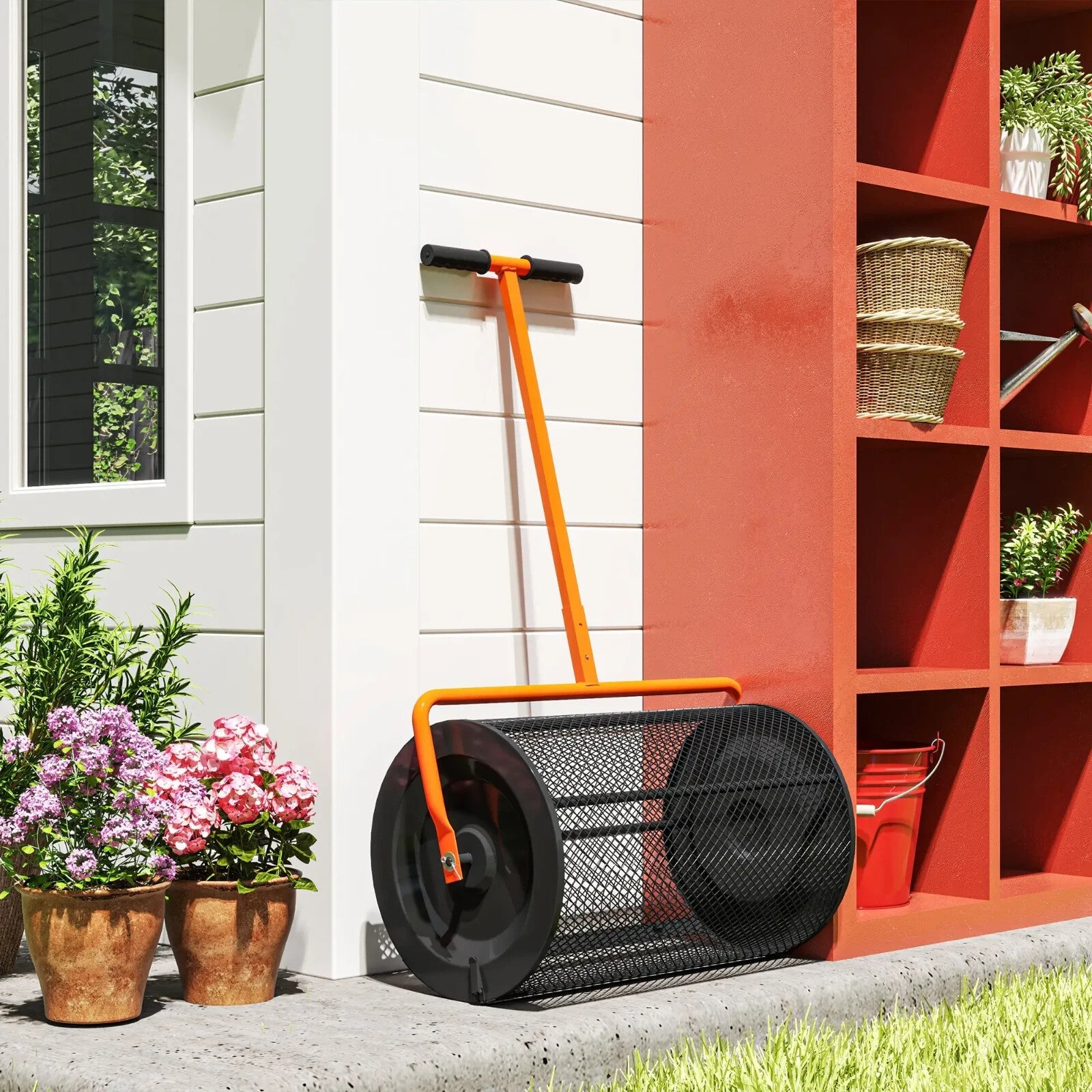 24" Compost Peat Moss Spreader with Adjustable Handle & Metal Mesh Basket Garden - Home and Garden Furniture Shop - rustic - furniture