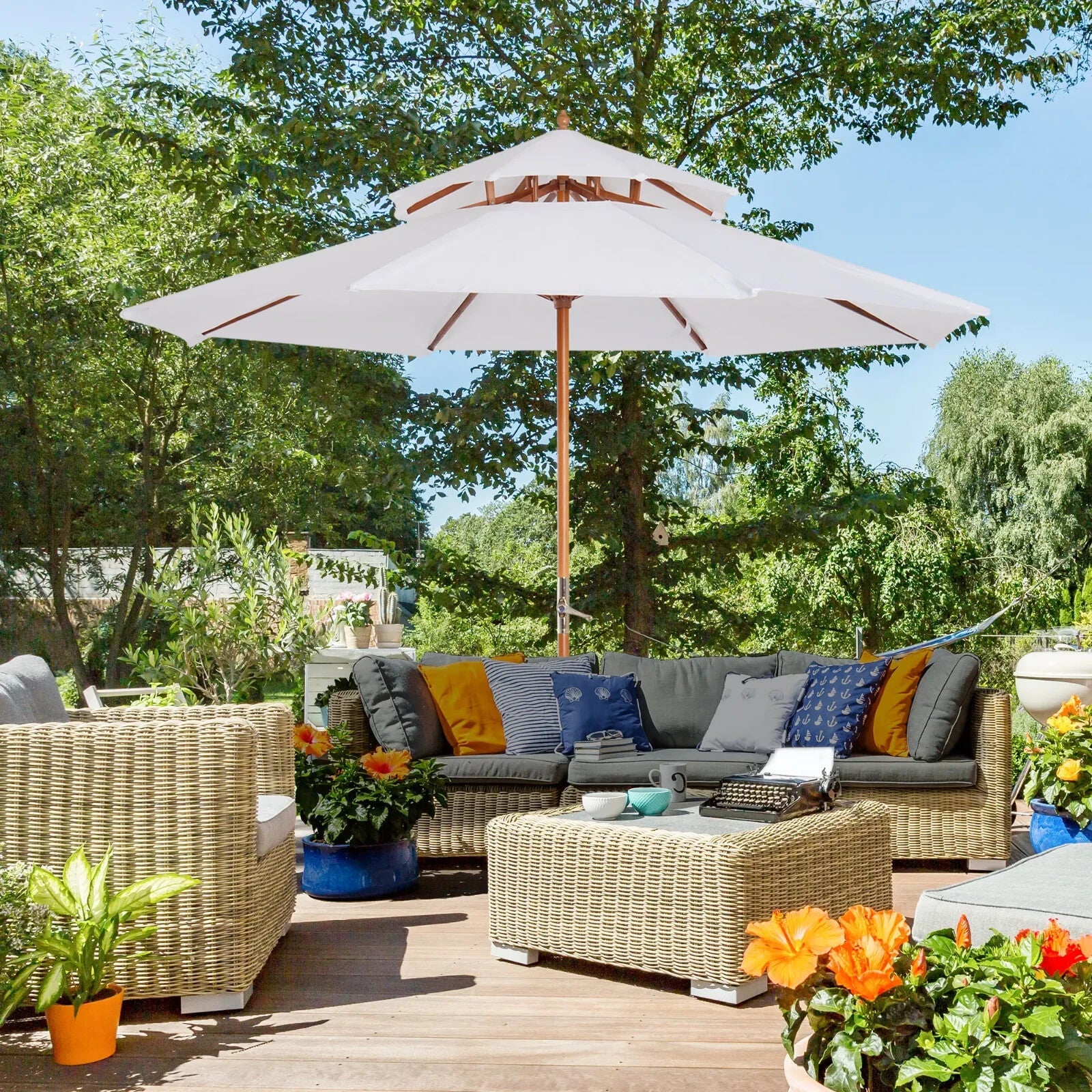 2.7m Double Tier Garden Parasol Bamboo Patio Umbrella Outdoor Sunshade Canopy - Home and Garden Furniture Shop - rustic - furniture