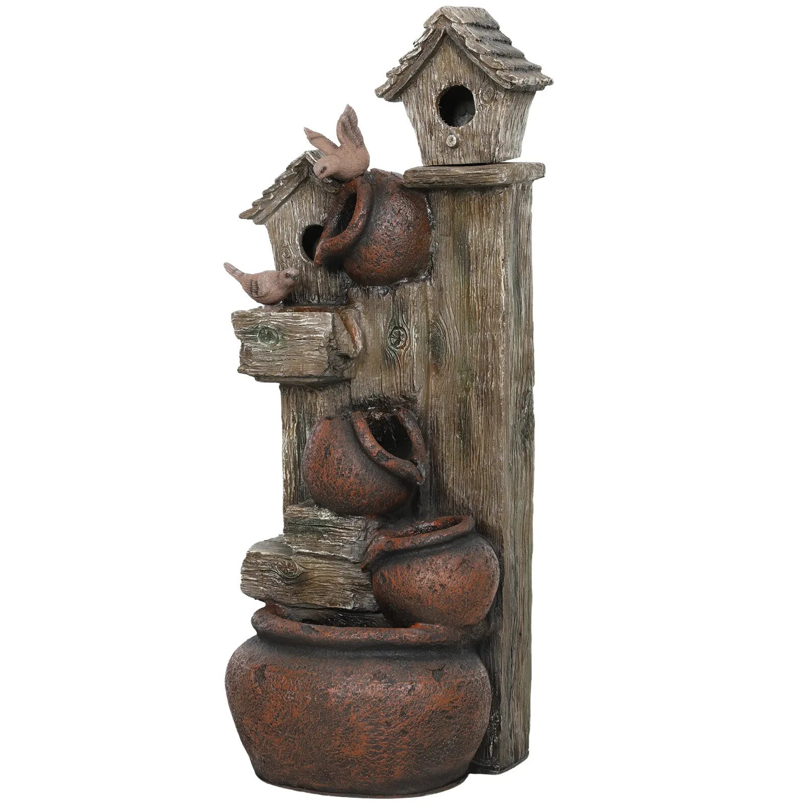 2in1 Waterfall Fountain Birdhouse Resin Garden Feature LED Lights Pump Cascading - Home and Garden Furniture Shop - rustic - furniture