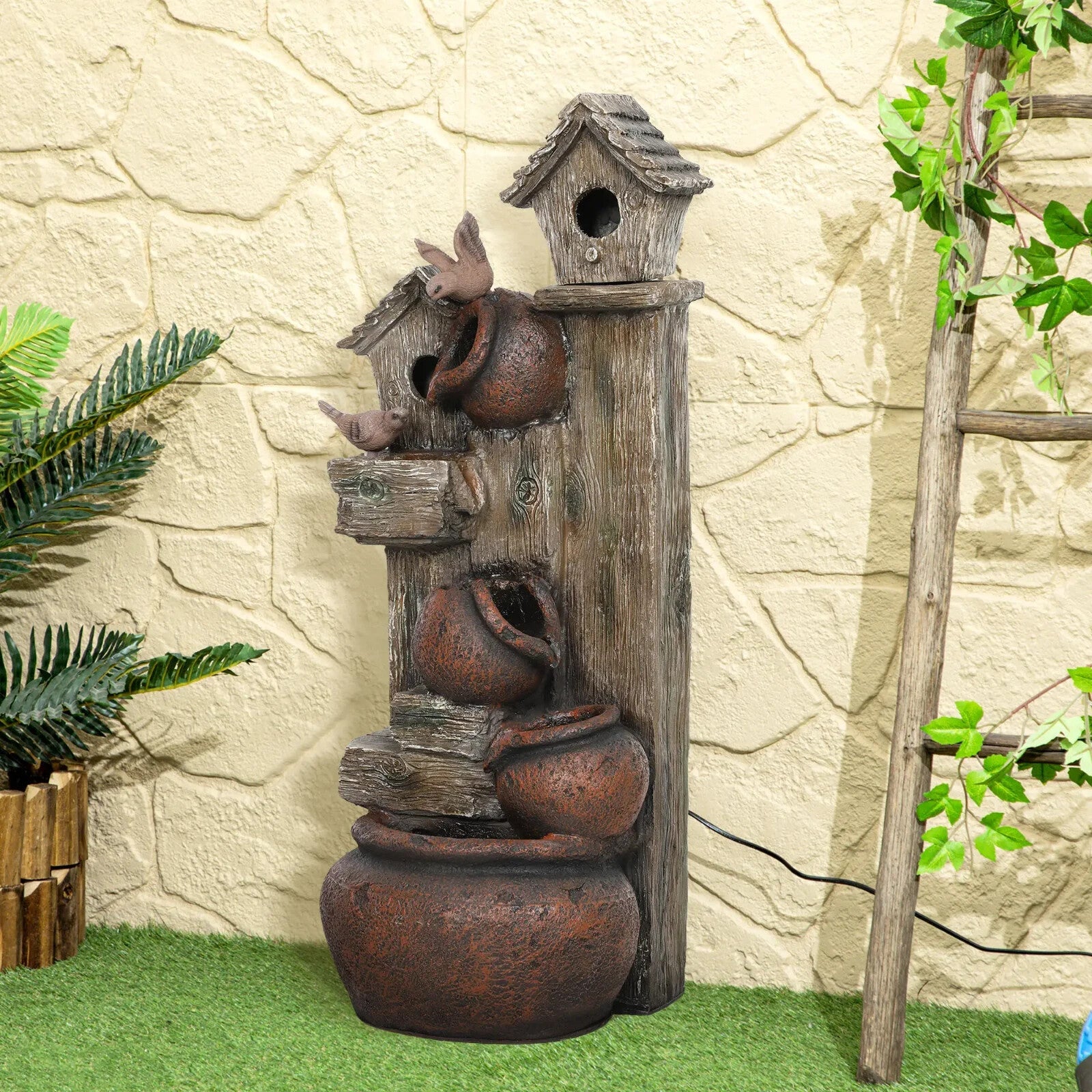 2in1 Waterfall Fountain Birdhouse Resin Garden Feature LED Lights Pump Cascading - Home and Garden Furniture Shop - rustic - furniture