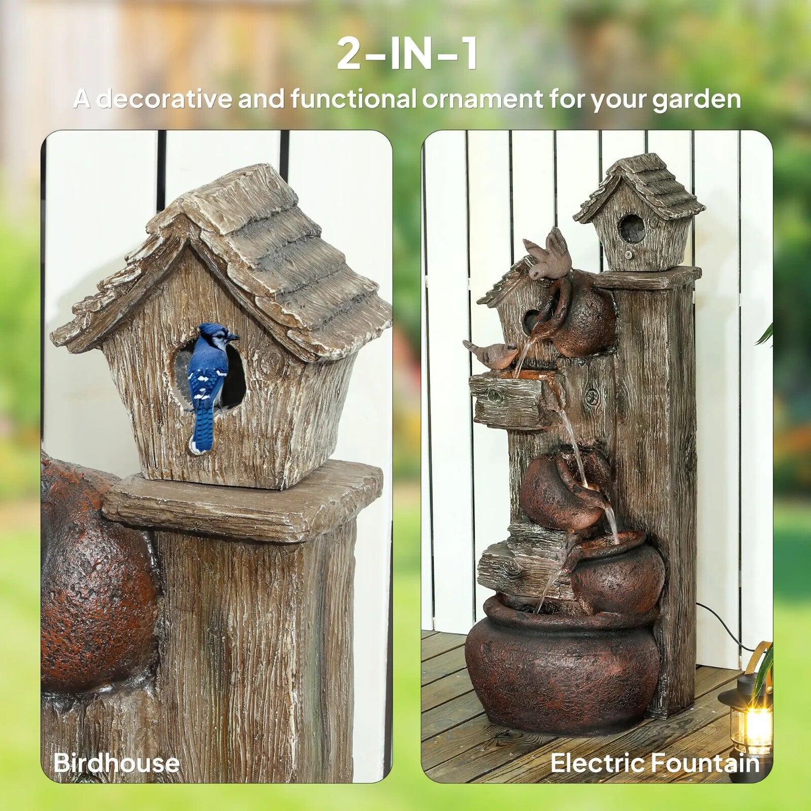 2in1 Waterfall Fountain Birdhouse Resin Garden Feature LED Lights Pump Cascading - Home and Garden Furniture Shop - rustic - furniture