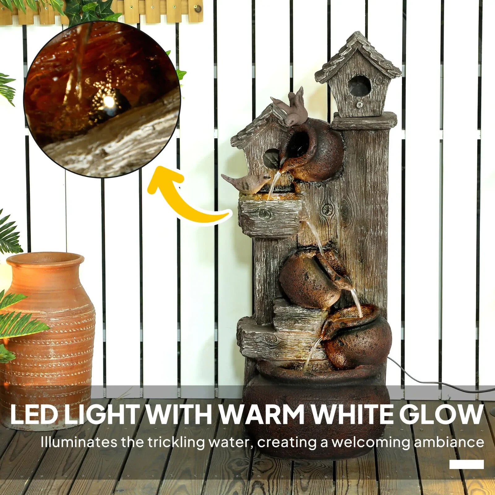 2in1 Waterfall Fountain Birdhouse Resin Garden Feature LED Lights Pump Cascading - Home and Garden Furniture Shop - rustic - furniture