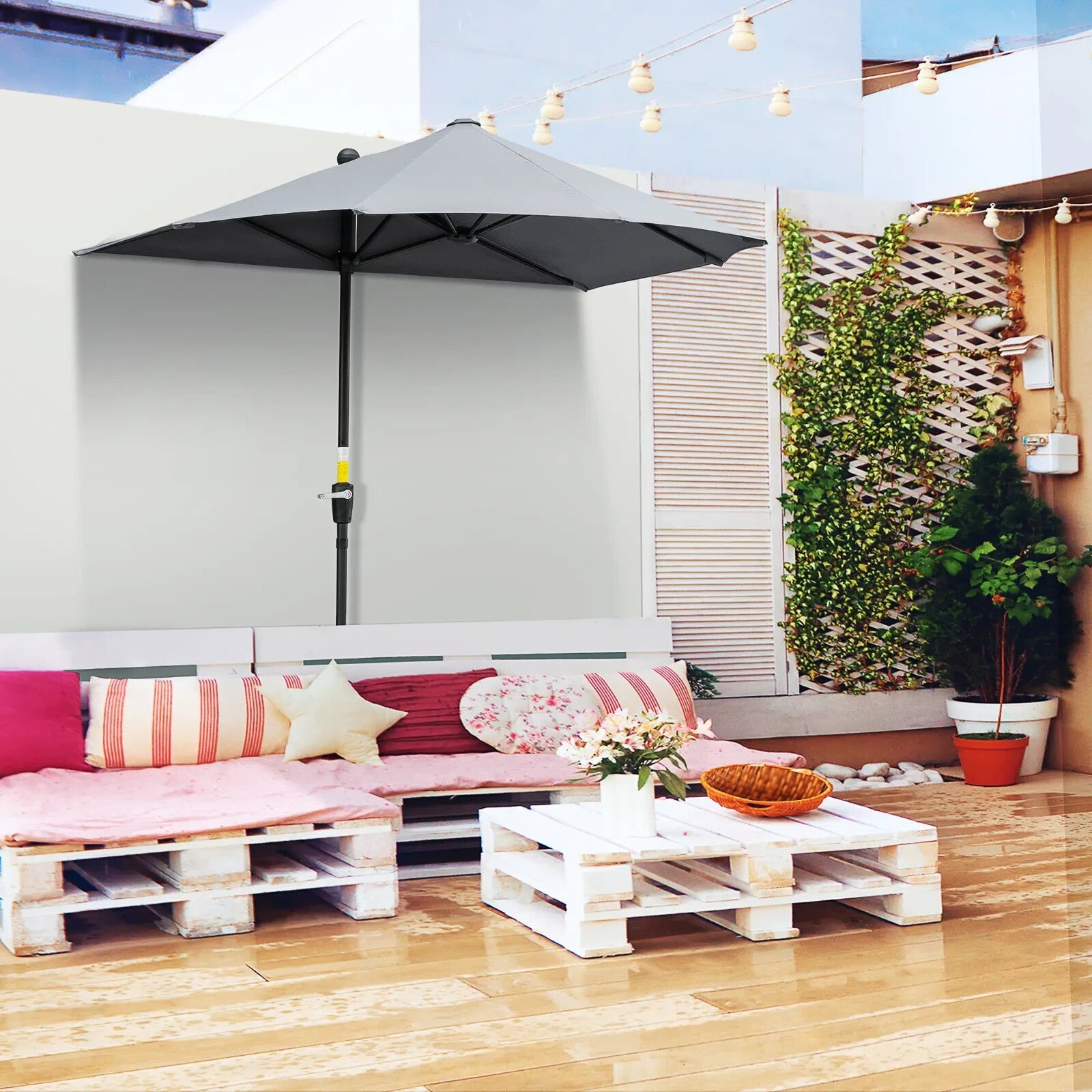 2m Half Garden Balcony Parasol with Crank Handle Double Canopy and Base Stand - Home and Garden Furniture Shop - rustic - furniture