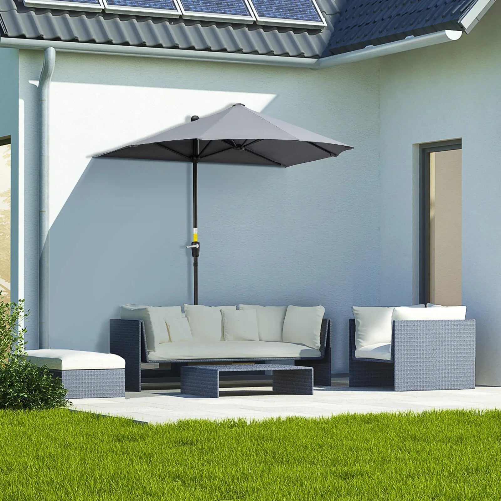2m Half Garden Balcony Parasol with Crank Handle Double Canopy and Base Stand - Home and Garden Furniture Shop - rustic - furniture