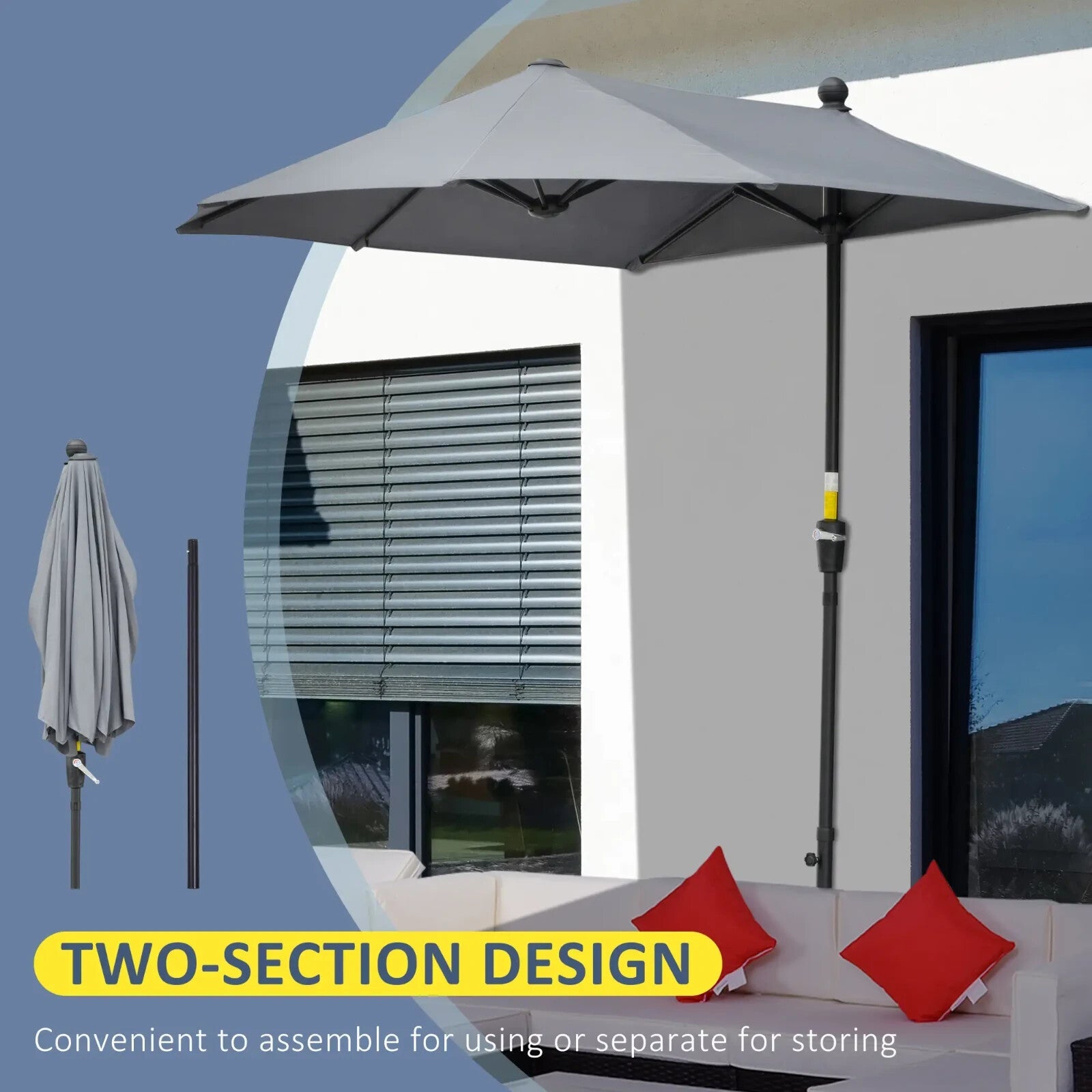 2m Half Garden Balcony Parasol with Crank Handle Double Canopy and Base Stand - Home and Garden Furniture Shop - rustic - furniture