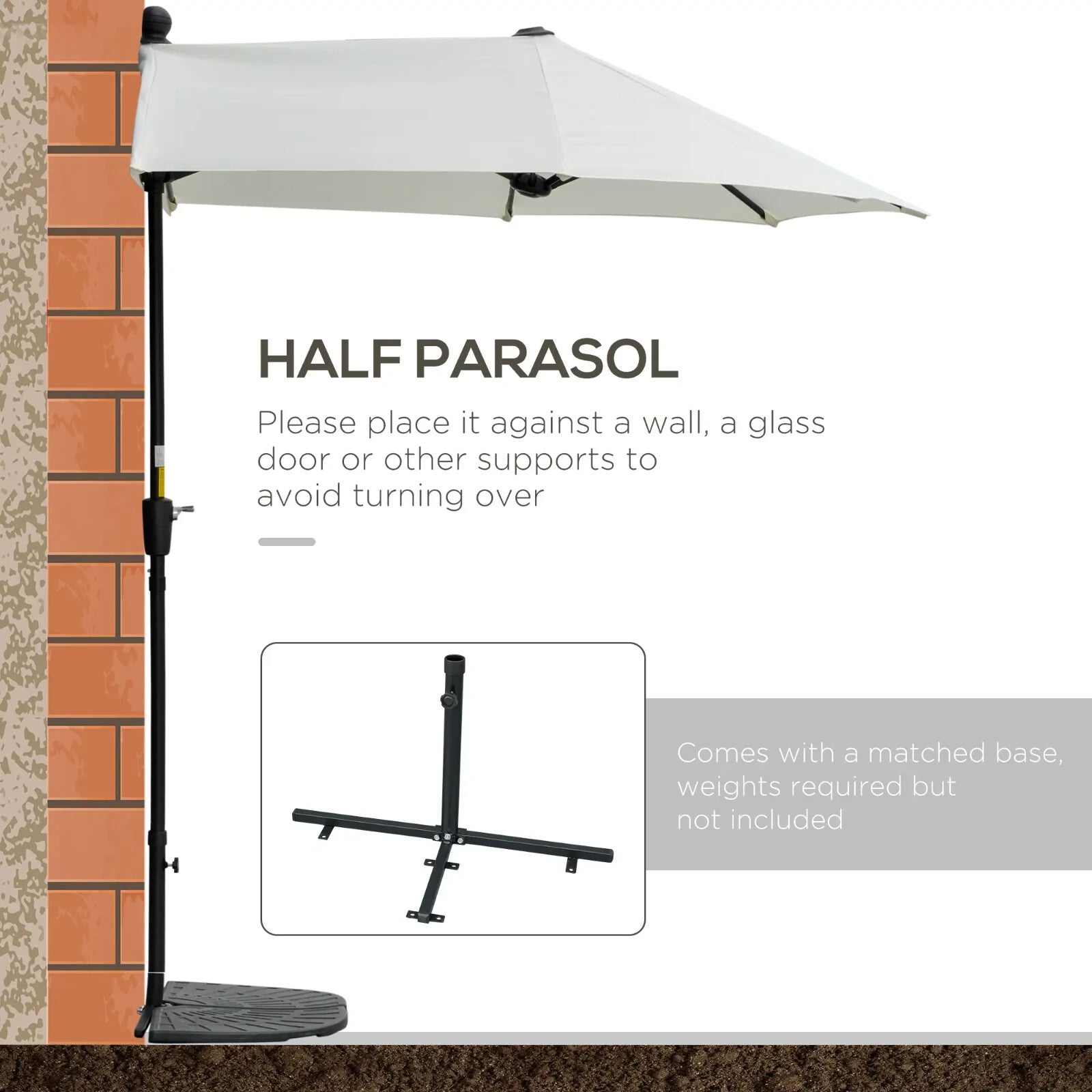 2m Half Parasol Garden Balcony Umbrella with Crank Handle and Base Stand White - Home and Garden Furniture Shop - rustic - furniture