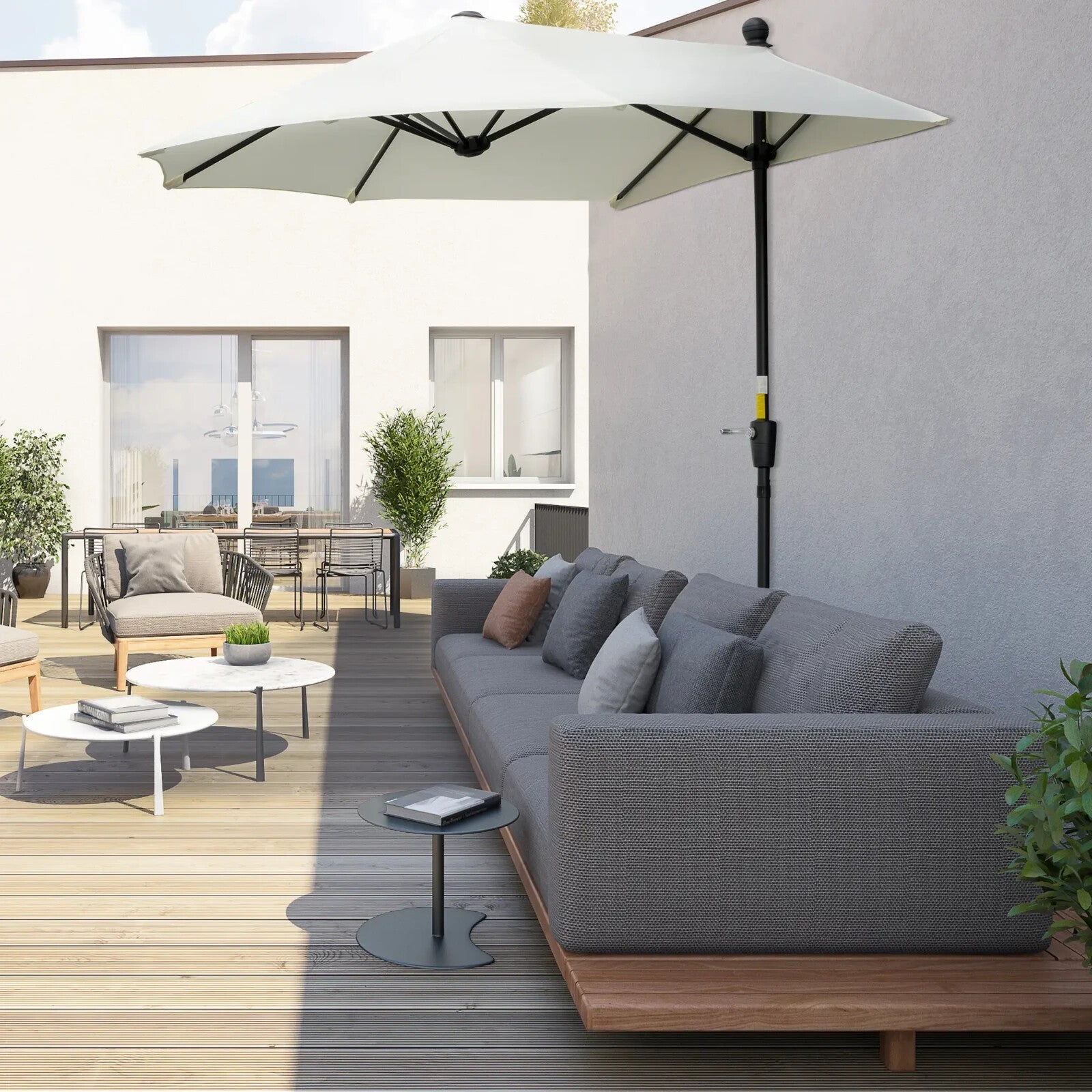 2m Half Parasol Garden Balcony Umbrella with Crank Handle and Base Stand White - Home and Garden Furniture Shop - rustic - furniture