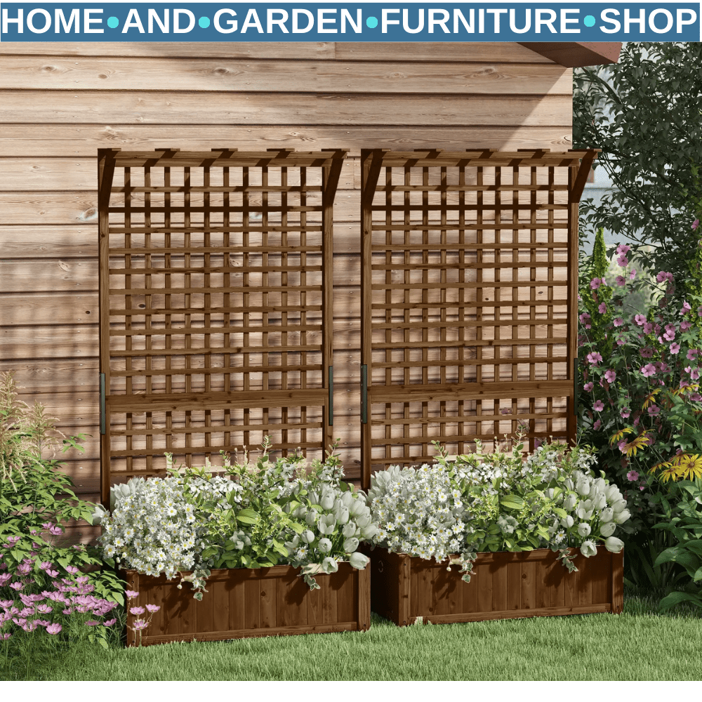 2pcs Wooden Raised Bed Planter w/ Trellis & Drainage Holes for Climbing Plants - Home and Garden Furniture Shop - #rustic - furniture#