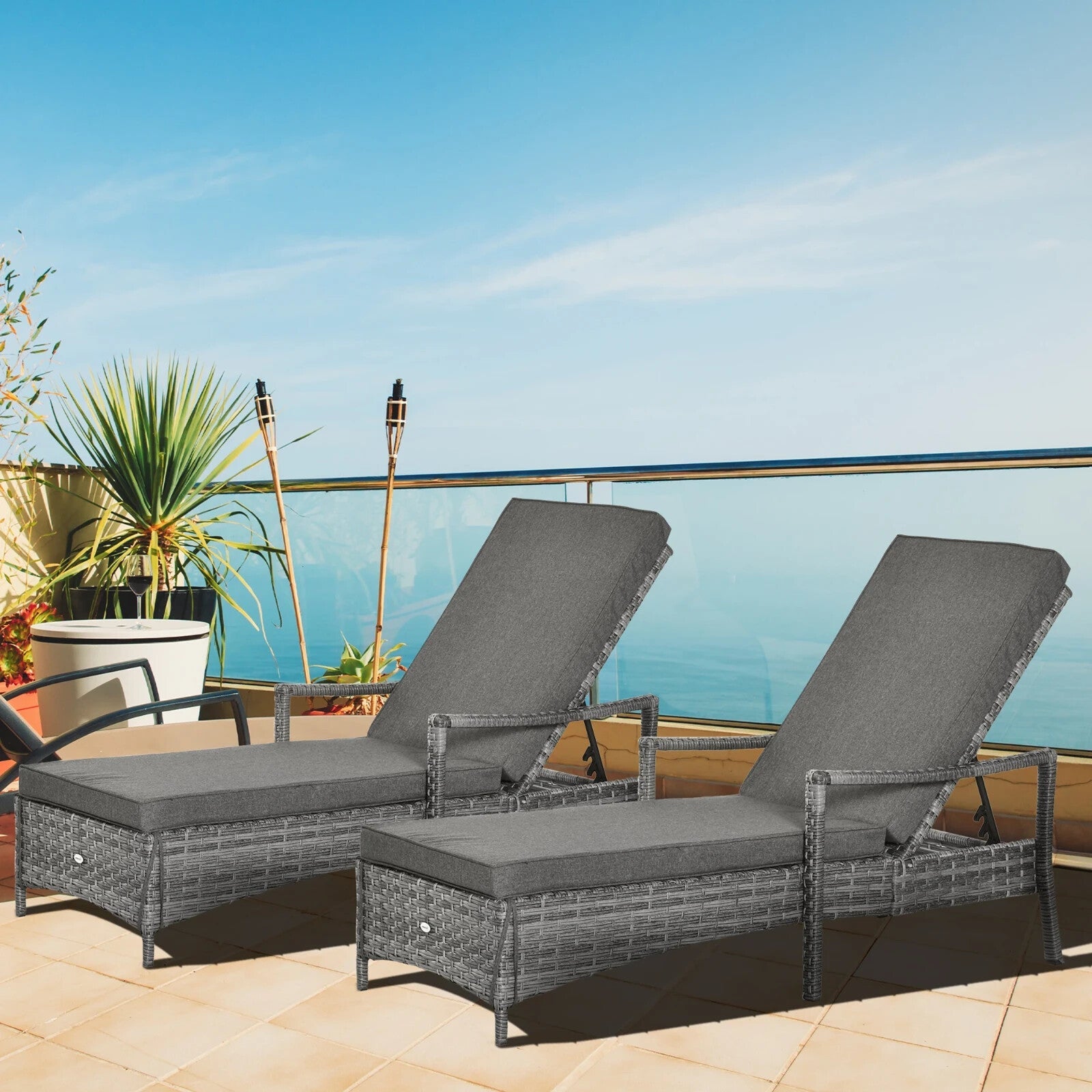 2x Rattan Sun Loungers with Cushions Garden Reclining Sunbeds 4 Level Adjustable - Home and Garden Furniture Shop - rustic - furniture