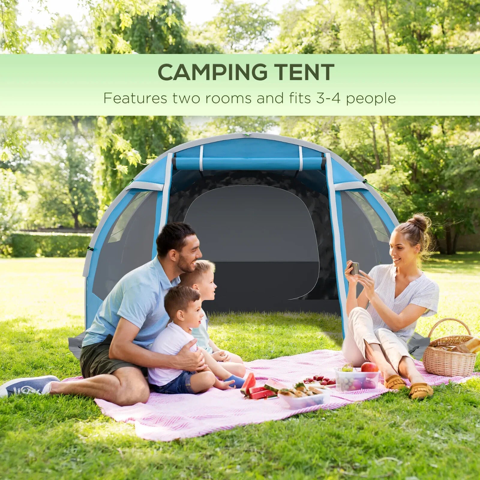 3 - 4 Man Tunnel Camping Tent with 2 Rooms Windows & Carry Bag for Hiking Fishing - Home and Garden Furniture Shop - rustic - furniture