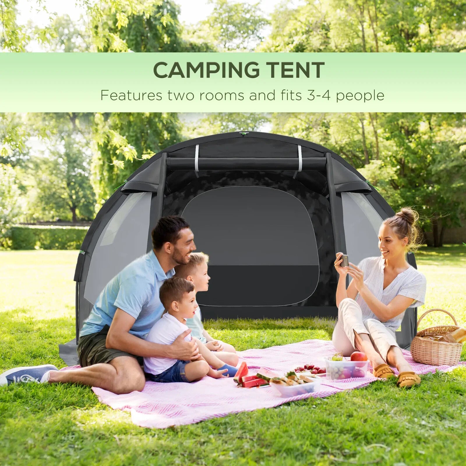 3 - 4 Man Tunnel Camping Tent with 2 Rooms Windows & Carry Bag for Hiking Fishing - Home and Garden Furniture Shop - rustic - furniture