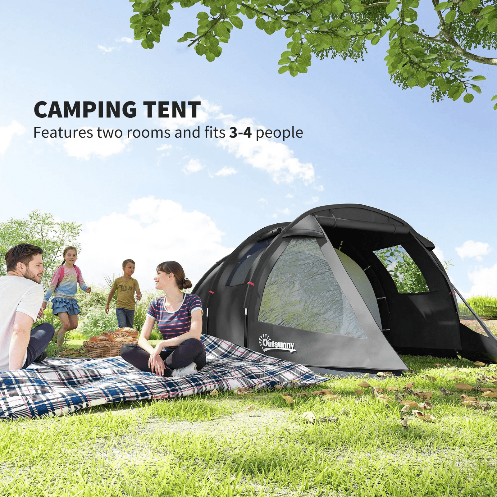 3 4 Man Tunnel Tent Black Air Vents Carry Bag Festival Fibreglass Poles FOXDEN - Home and Garden Furniture Shop - rustic - furniture