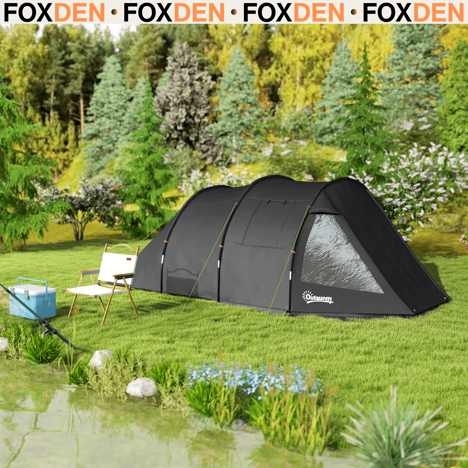 3 4 Man Tunnel Tent Black Air Vents Carry Bag Festival Fibreglass Poles FOXDEN - Home and Garden Furniture Shop - rustic - furniture