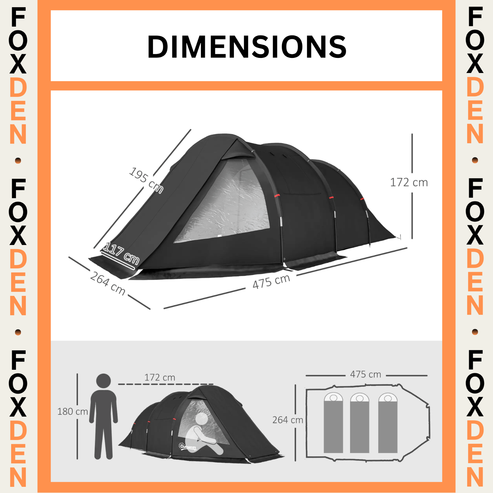3 4 Man Tunnel Tent Black Air Vents Carry Bag Festival Fibreglass Poles FOXDEN - Home and Garden Furniture Shop - rustic - furniture