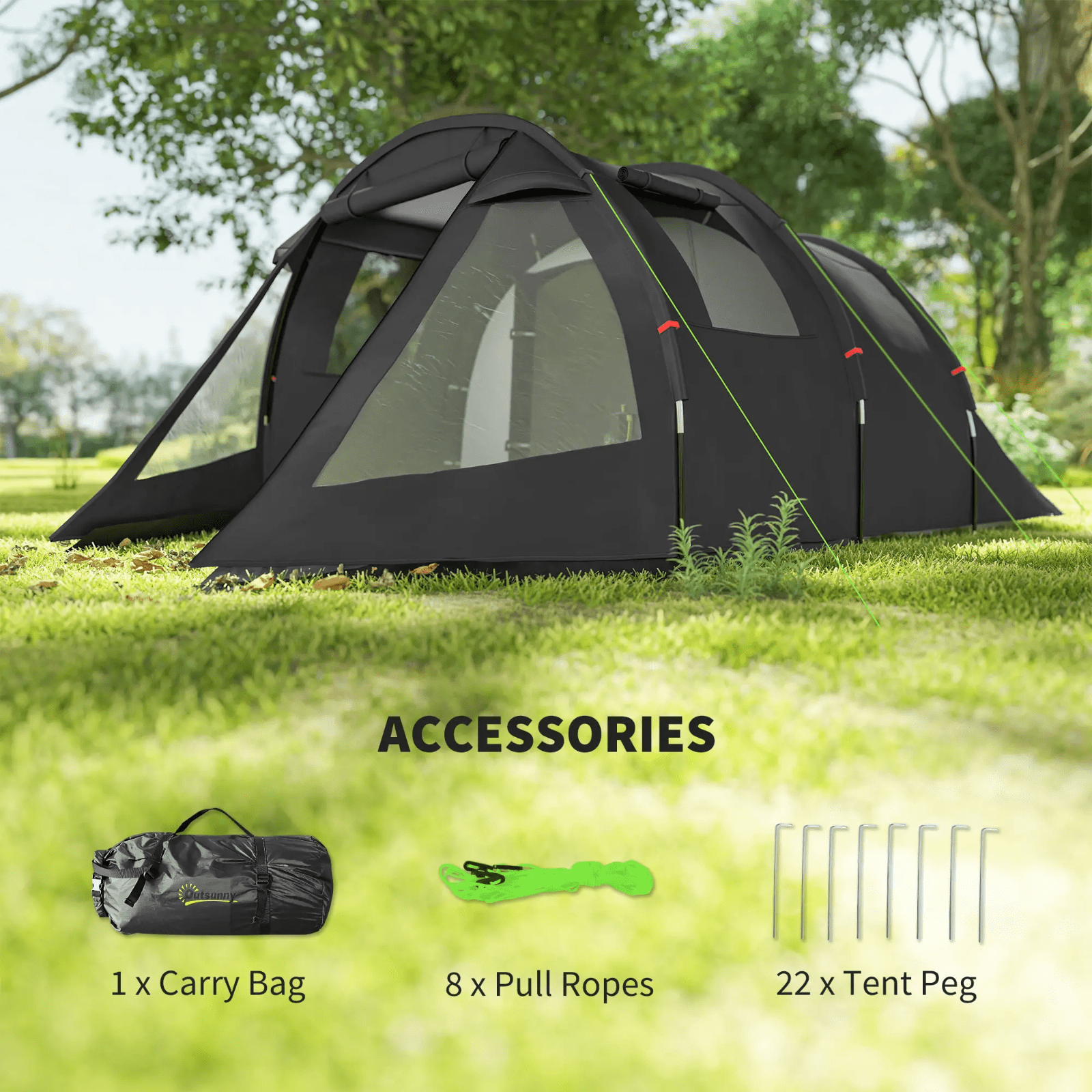 3 4 Man Tunnel Tent Black Air Vents Carry Bag Festival Fibreglass Poles FOXDEN - Home and Garden Furniture Shop - rustic - furniture