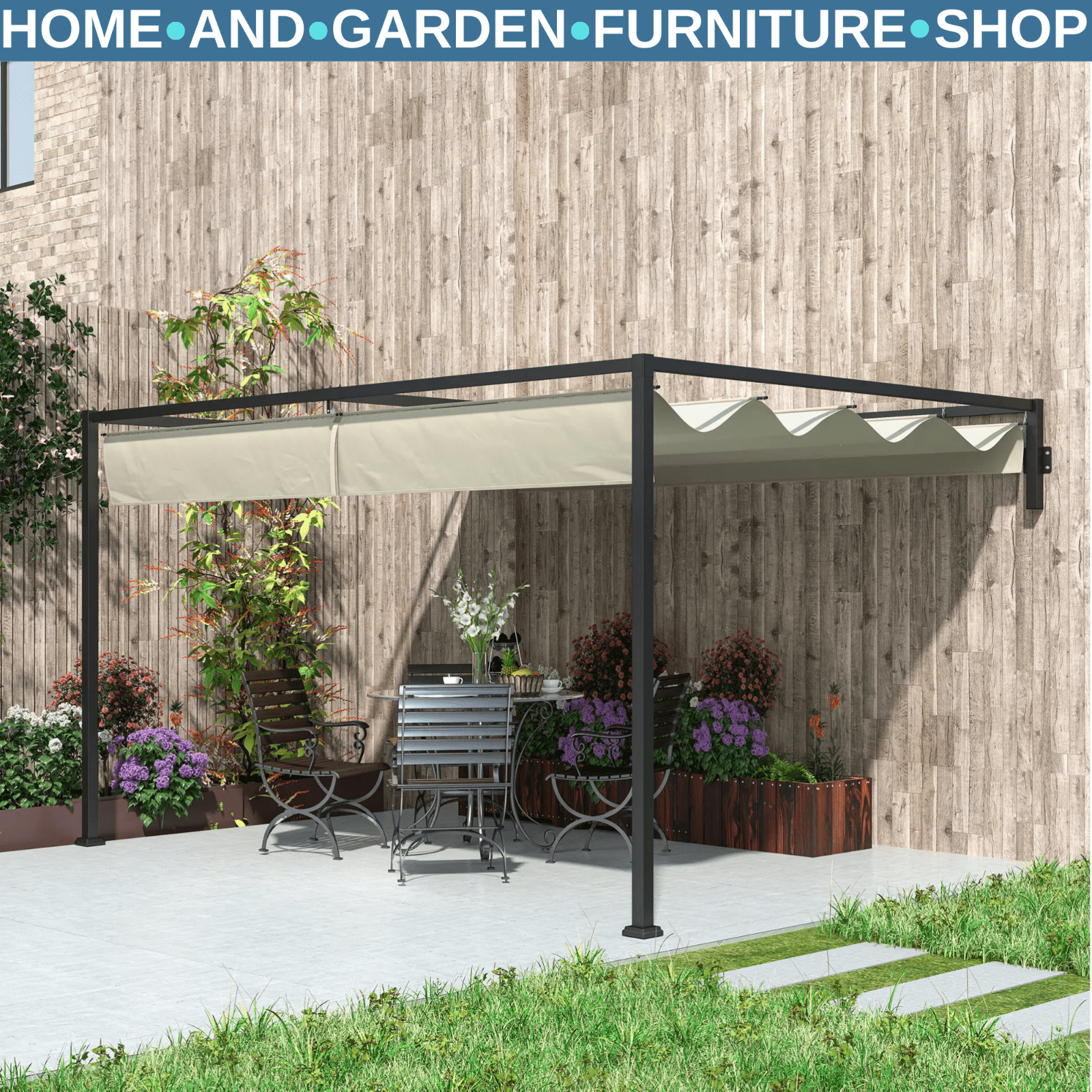 3 × 4m Lean To Steel Pergola with Retractable Fabric Canopy for Garden or Patio - Home and Garden Furniture Shop - rustic - furniture