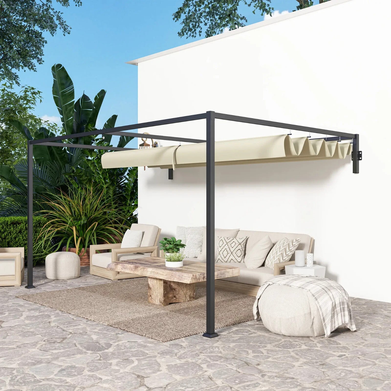 3 × 4m Lean To Steel Pergola with Retractable Fabric Canopy for Garden or Patio - Home and Garden Furniture Shop - rustic - furniture