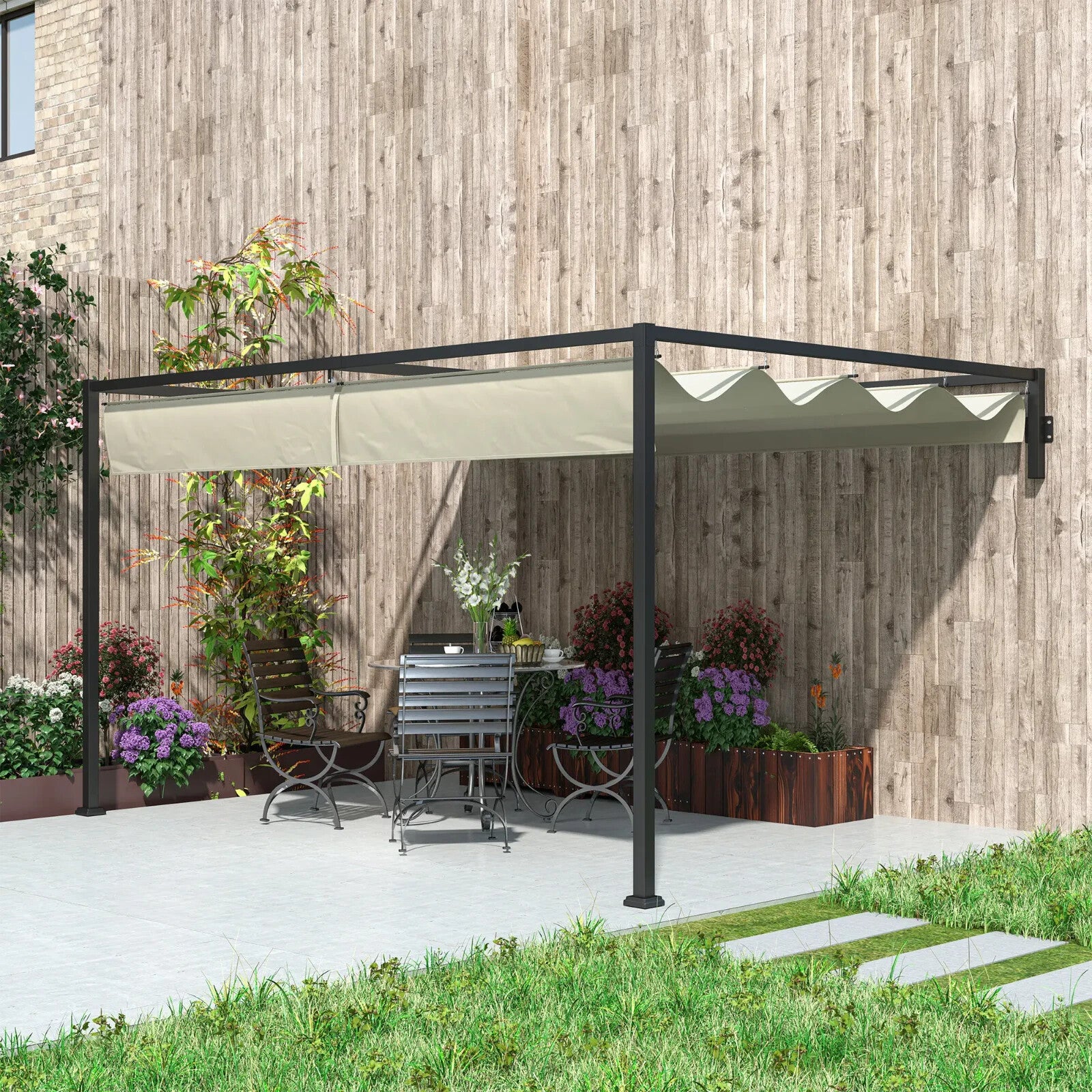 3 × 4m Lean To Steel Pergola with Retractable Fabric Canopy for Garden or Patio - Home and Garden Furniture Shop - rustic - furniture