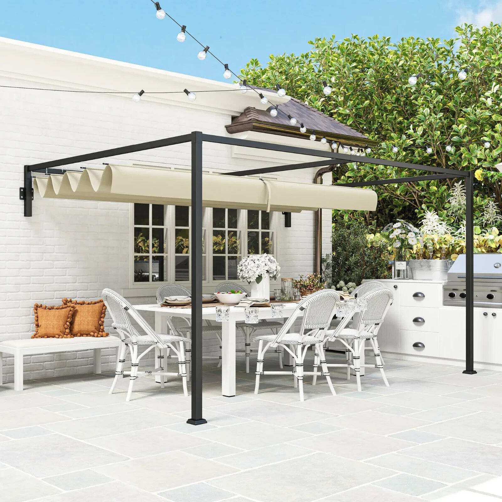 3 × 4m Lean To Steel Pergola with Retractable Fabric Canopy for Garden or Patio - Home and Garden Furniture Shop - rustic - furniture